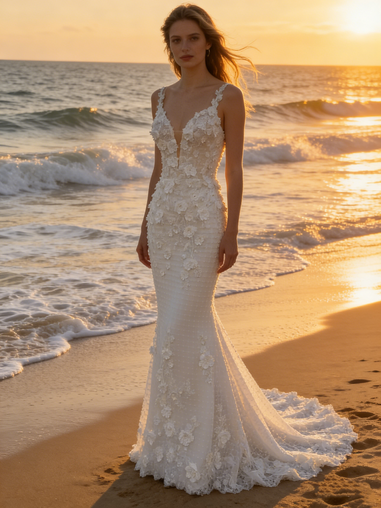 CS185 Luxury 3D Floral Lace Mermaid Wedding Dress with Spaghetti Straps & Beading Detailing