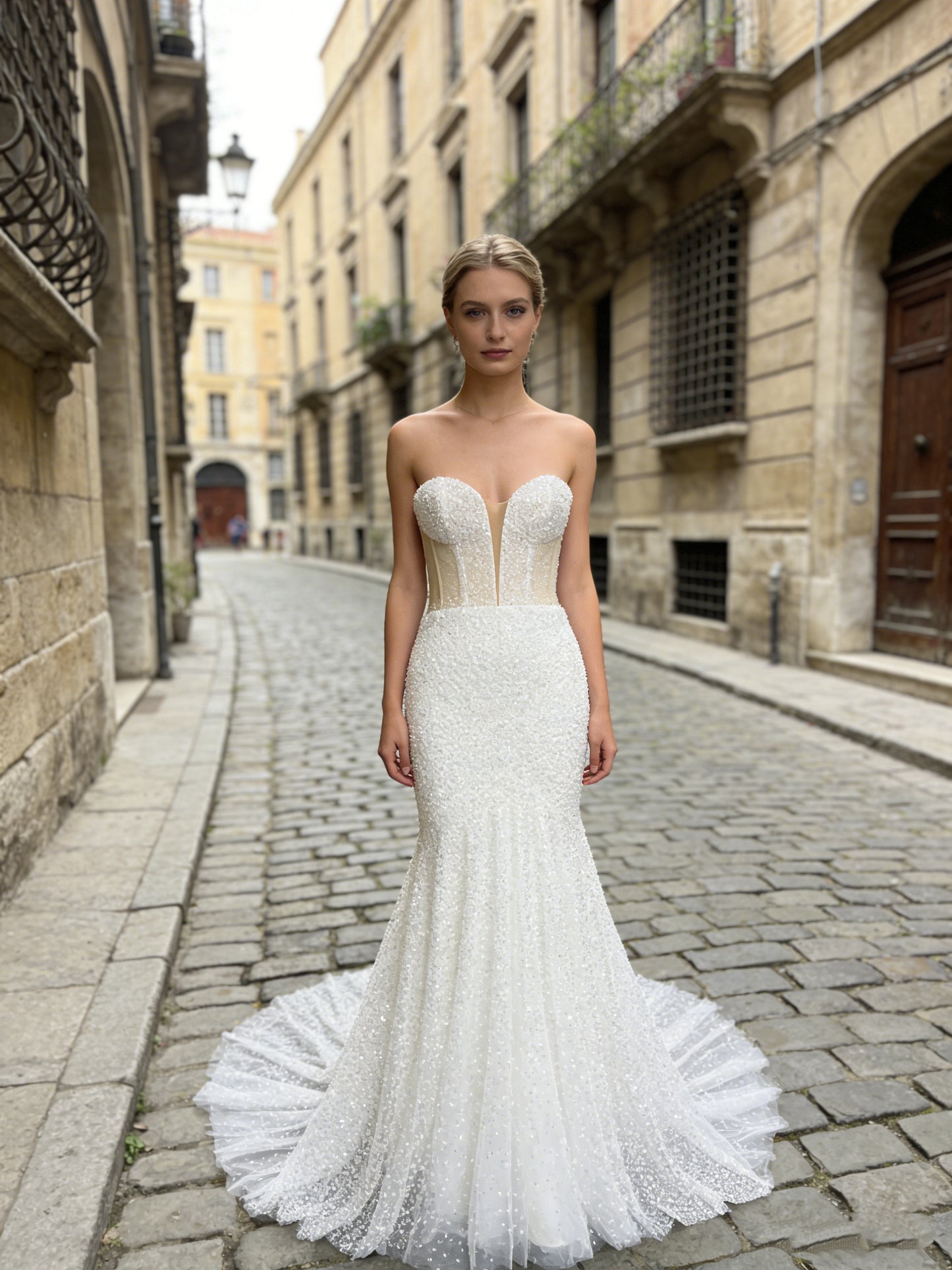 JF048 Strapless Beaded Mermaid Wedding Dress with Plunge Neck & Ruffled Train