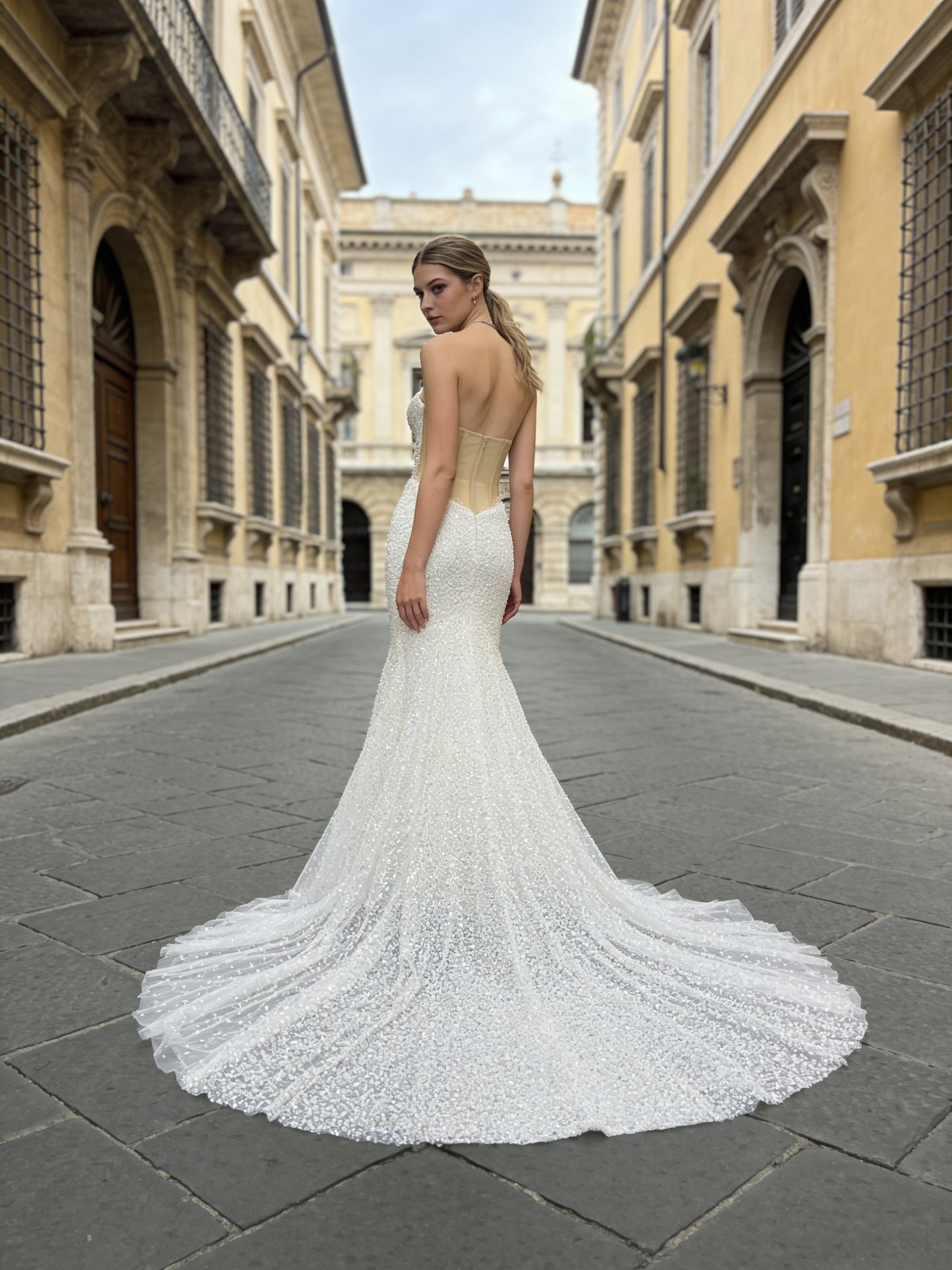 JF048 Strapless Beaded Mermaid Wedding Dress with Plunge Neck & Ruffled Train
