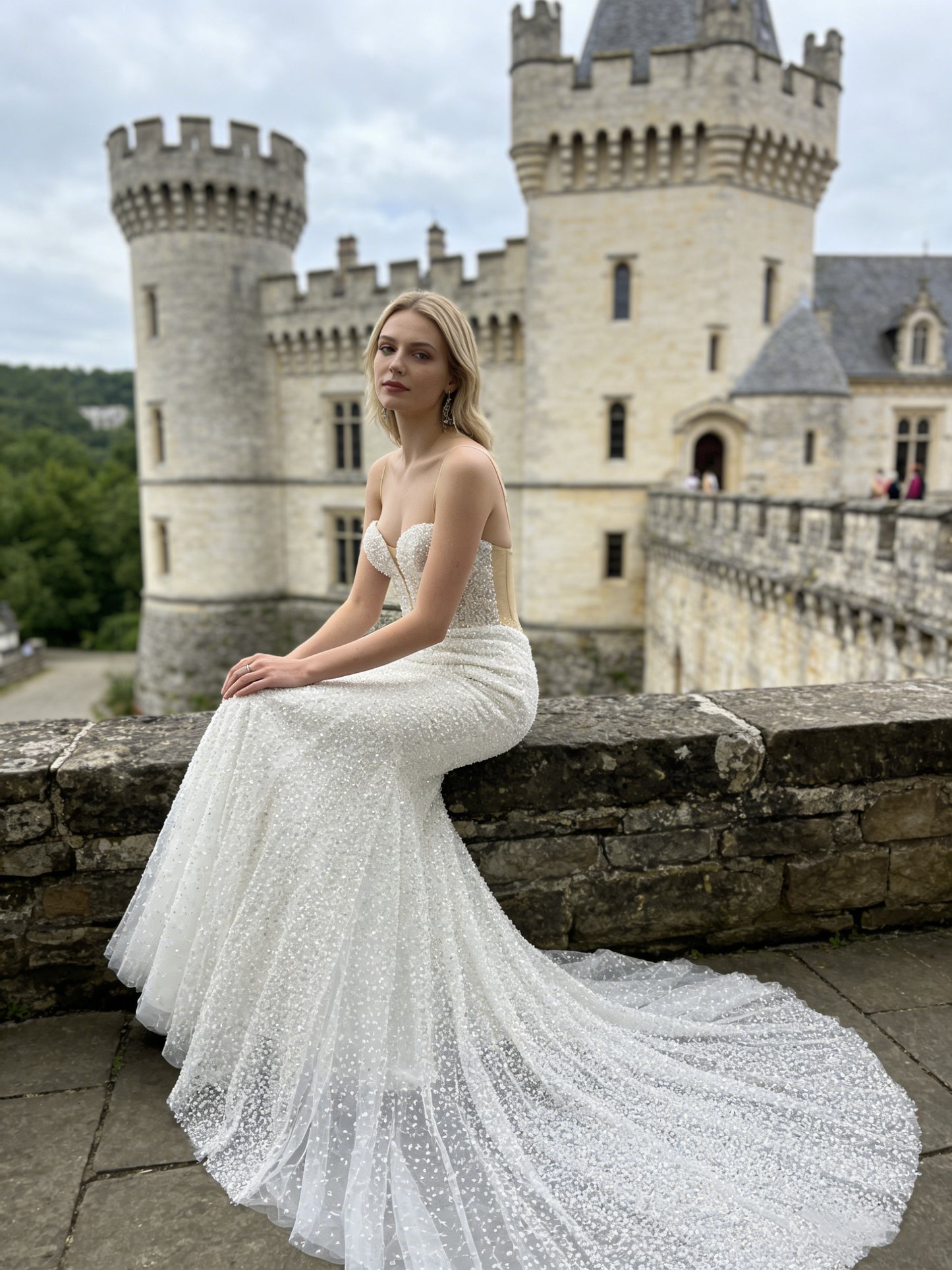JF048 Strapless Beaded Mermaid Wedding Dress with Plunge Neck & Ruffled Train