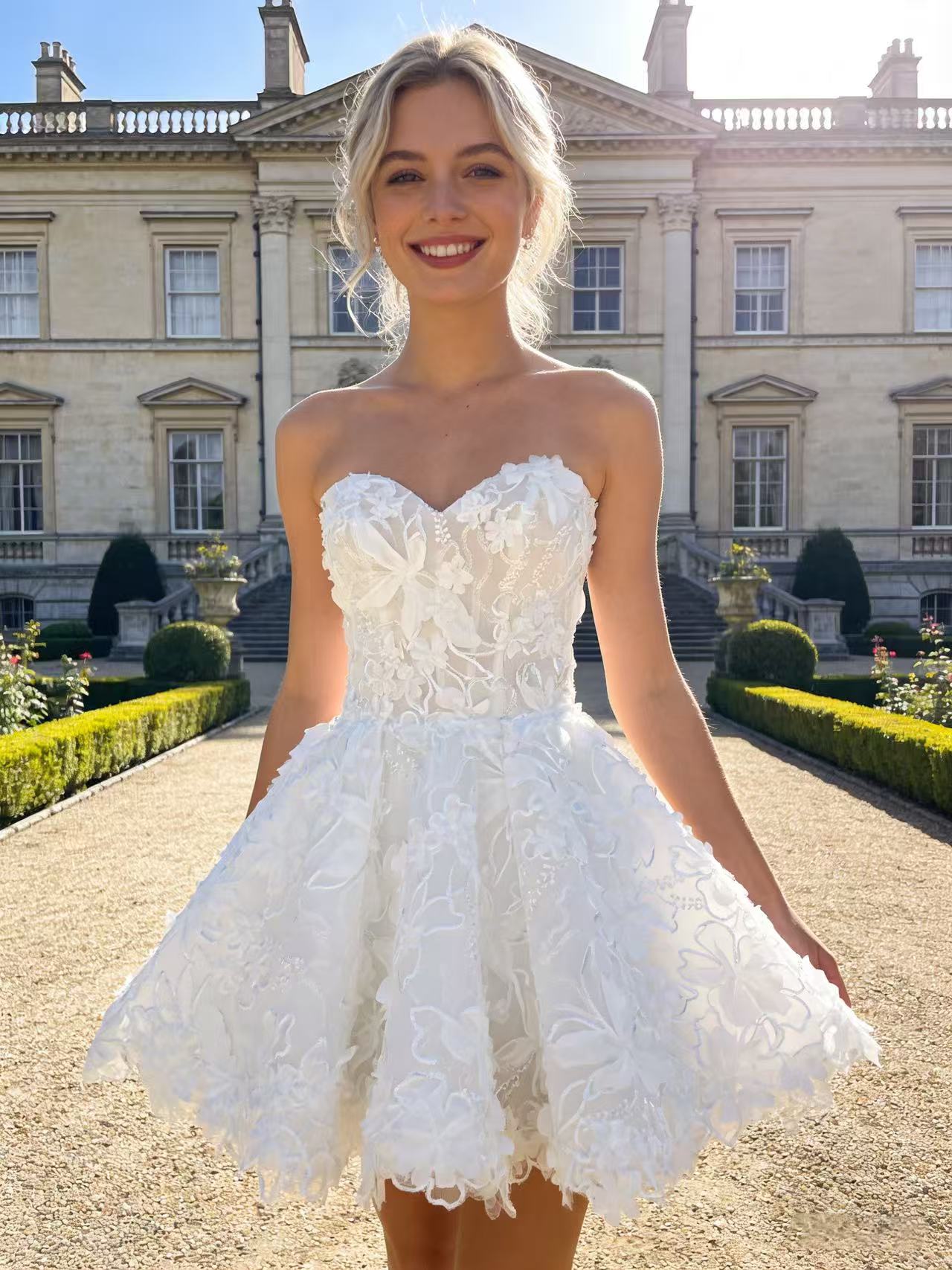 JF052 Strapless 3D Floral Lace A-Line Short Wedding Dress / Reception Gown