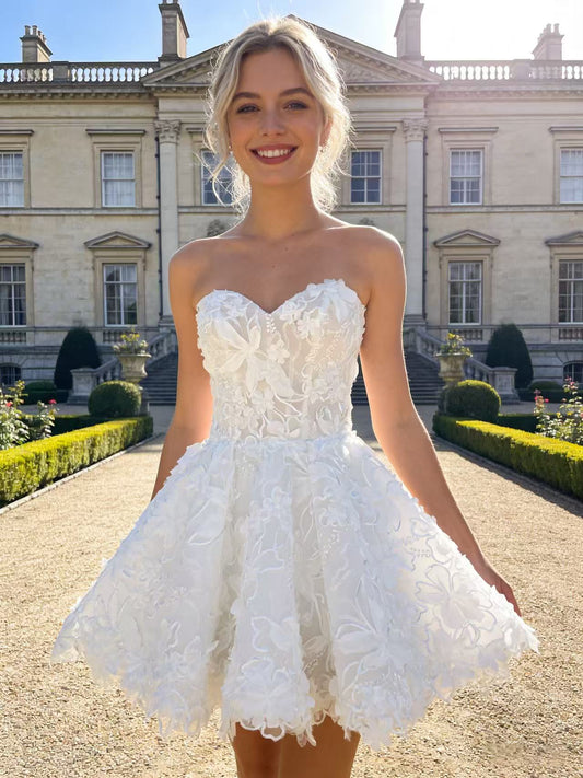 JF052 Strapless 3D Floral Lace A-Line Short Wedding Dress / Reception Gown