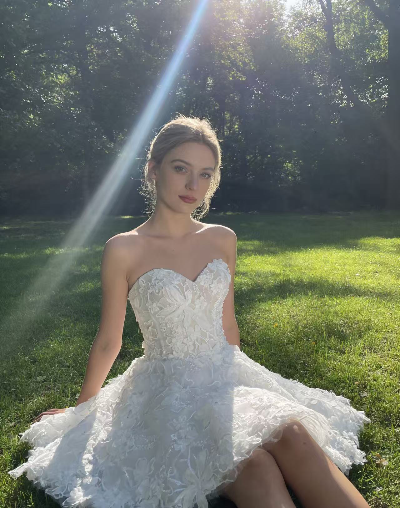 JF052 Strapless 3D Floral Lace A-Line Short Wedding Dress / Reception Gown