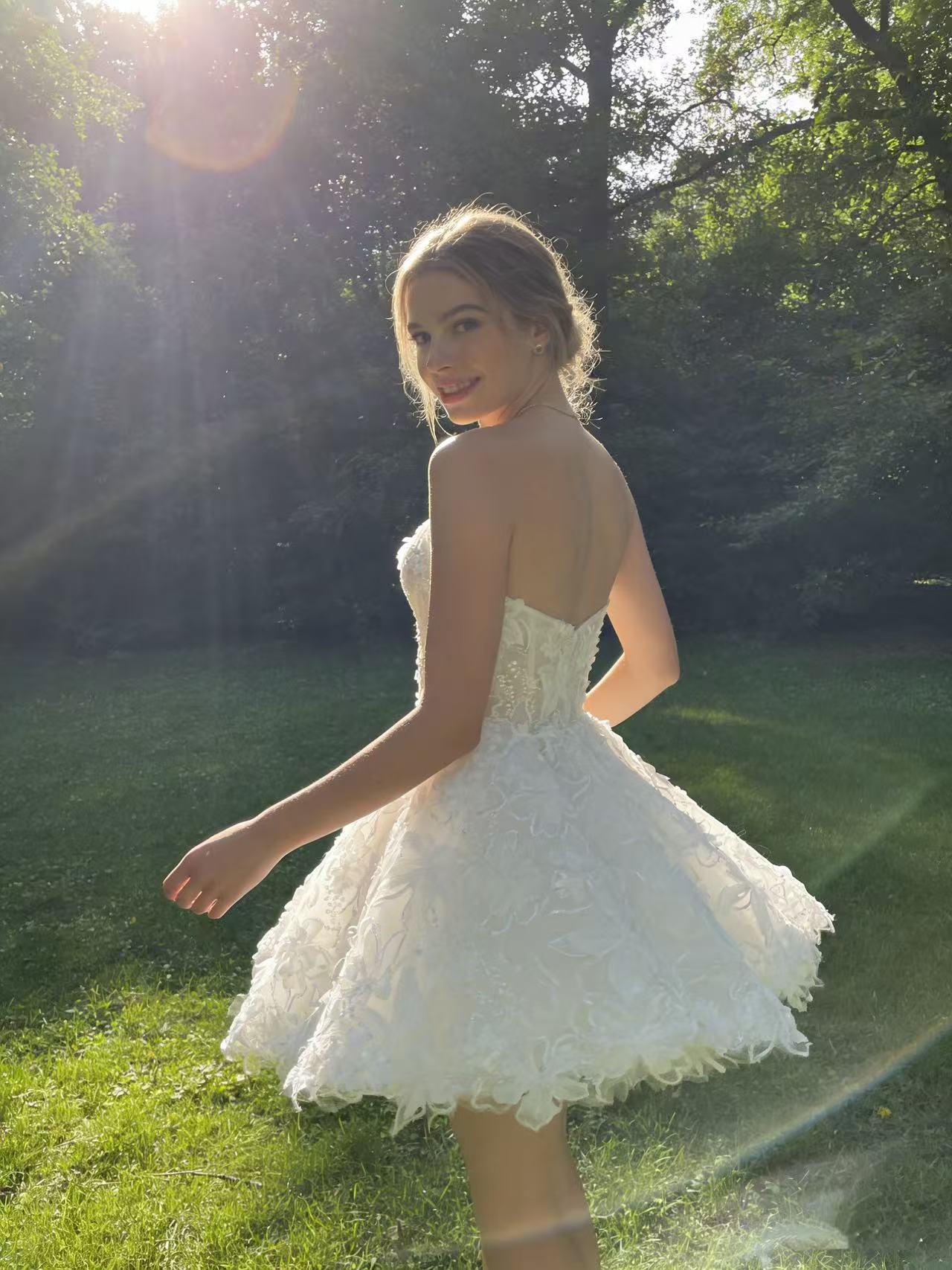 JF052 Strapless 3D Floral Lace A-Line Short Wedding Dress / Reception Gown