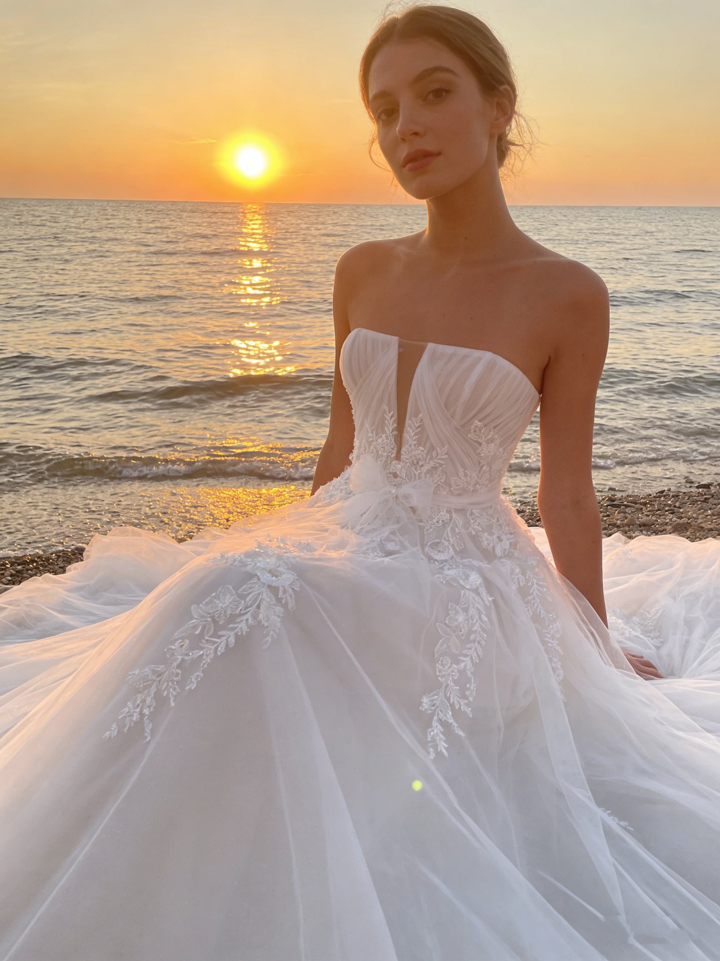 W002 Elegant Strapless Tulle A-Line Wedding Dress with Lace Applique & Corset Bodice