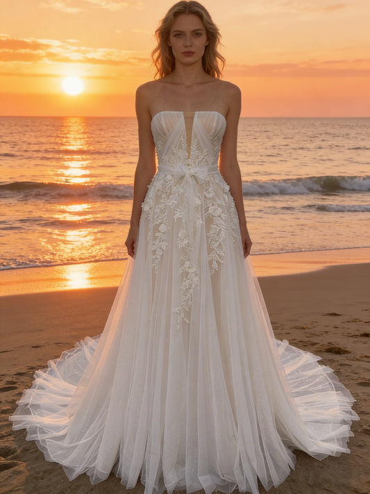W002 Elegant Strapless Tulle A-Line Wedding Dress with Lace Applique & Corset Bodice