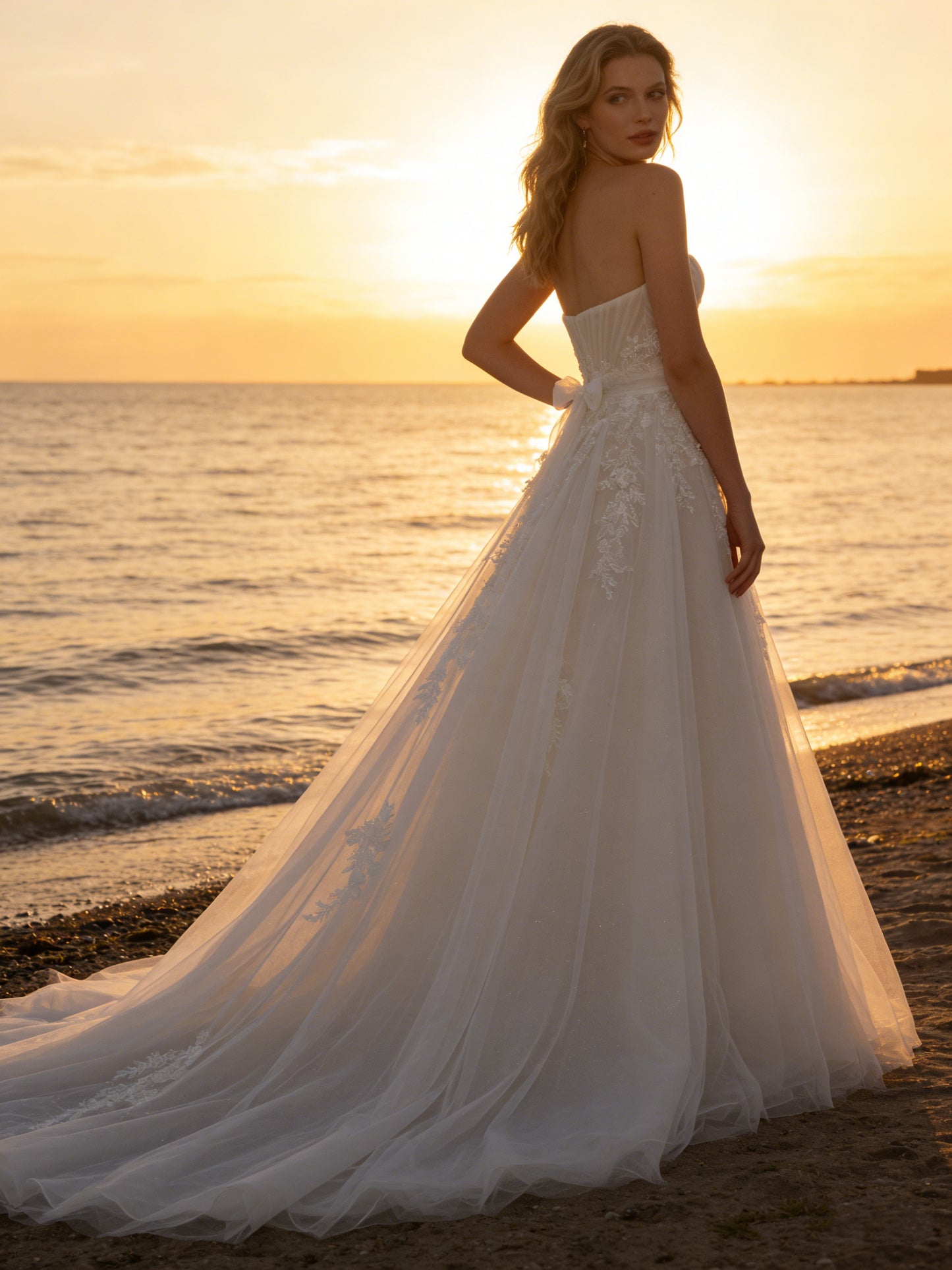 W002 Elegant Strapless Tulle A-Line Wedding Dress with Lace Applique & Corset Bodice