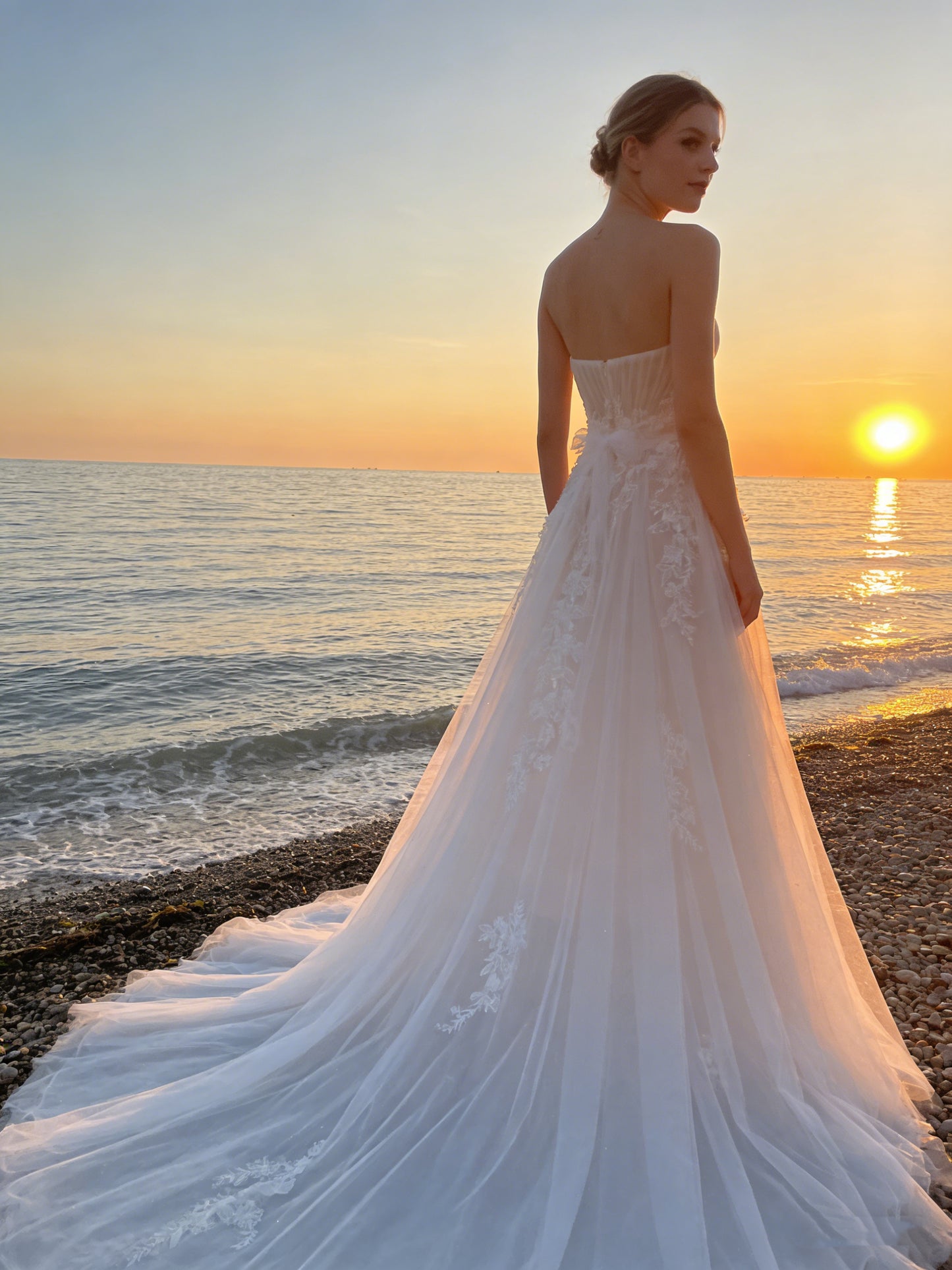 W002 Elegant Strapless Tulle A-Line Wedding Dress with Lace Applique & Corset Bodice
