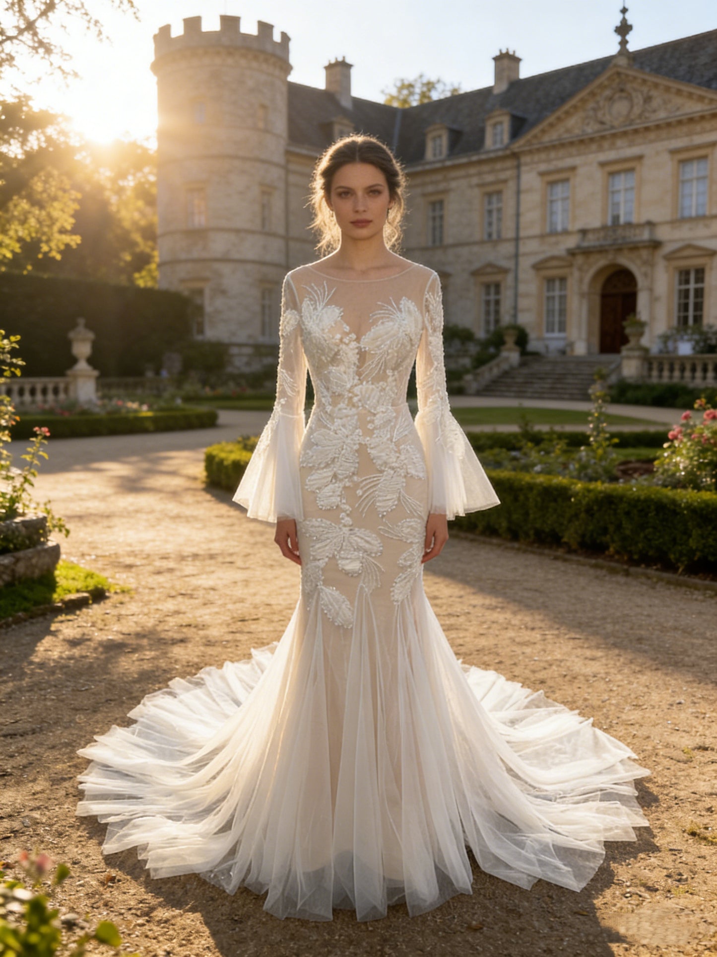 W003 Elegant Illusion Neckline Mermaid Wedding Dress with Bell Sleeves & 3D Lace Appliqué