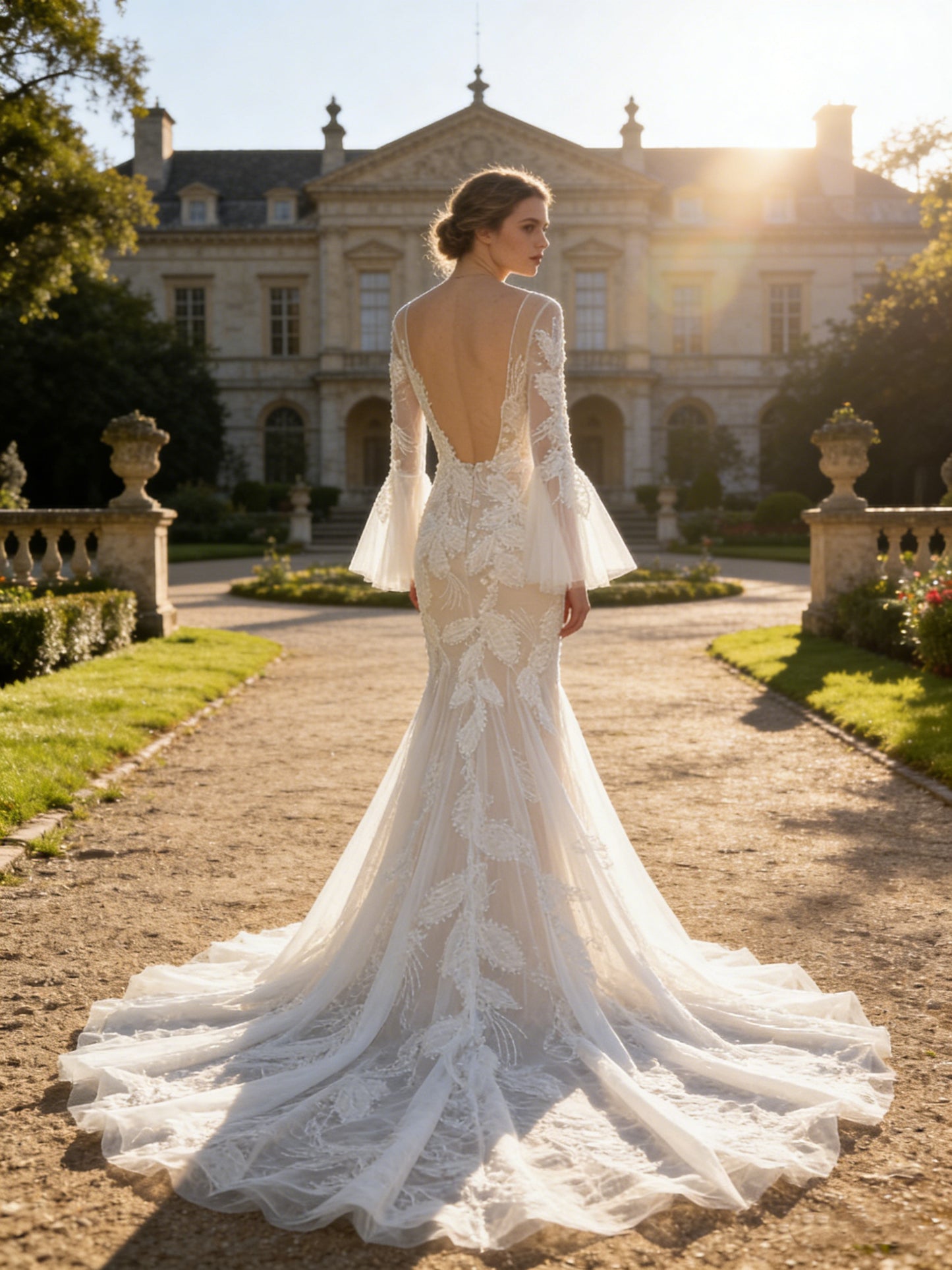 W003 Elegant Illusion Neckline Mermaid Wedding Dress with Bell Sleeves & 3D Lace Appliqué