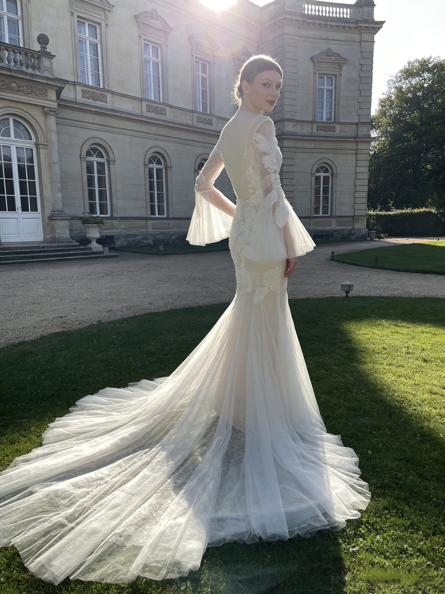 W003 Elegant Illusion Neckline Mermaid Wedding Dress with Bell Sleeves & 3D Lace Appliqué