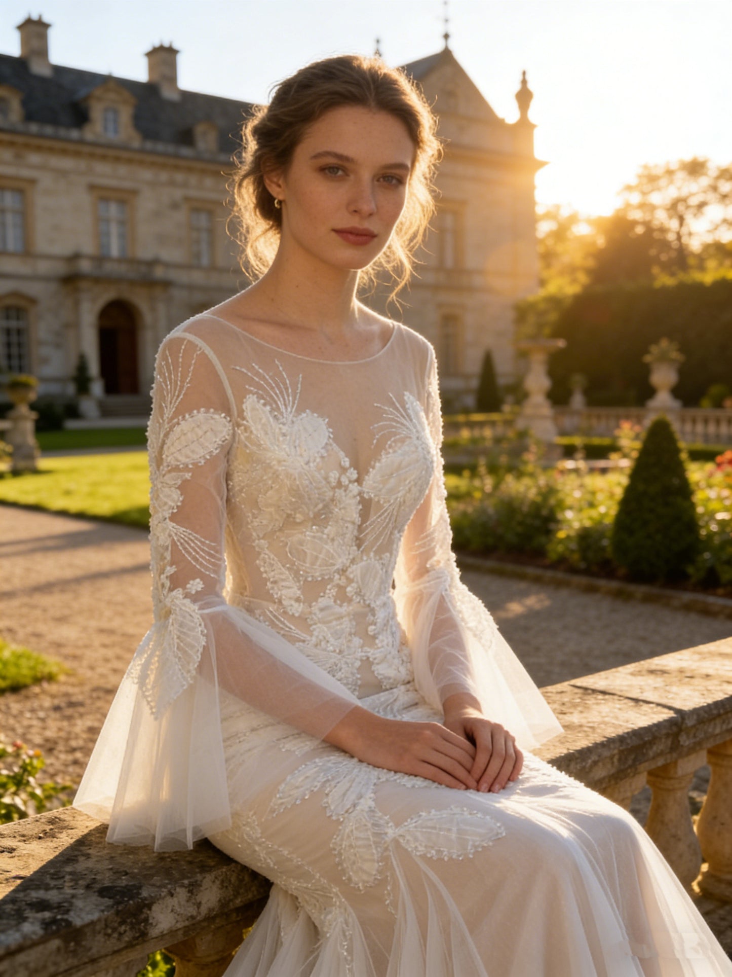 W003 Elegant Illusion Neckline Mermaid Wedding Dress with Bell Sleeves & 3D Lace Appliqué