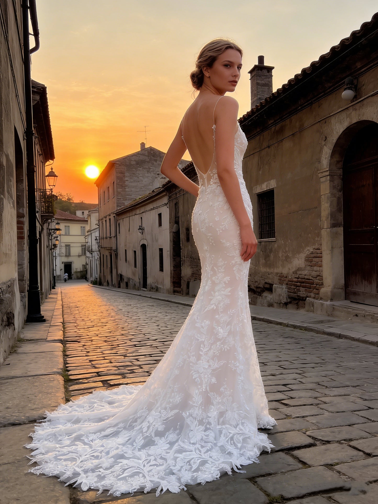 W014 Elegant Spaghetti Strap Mermaid Wedding Dress with Deep V Neck & Lace Appliqué Train