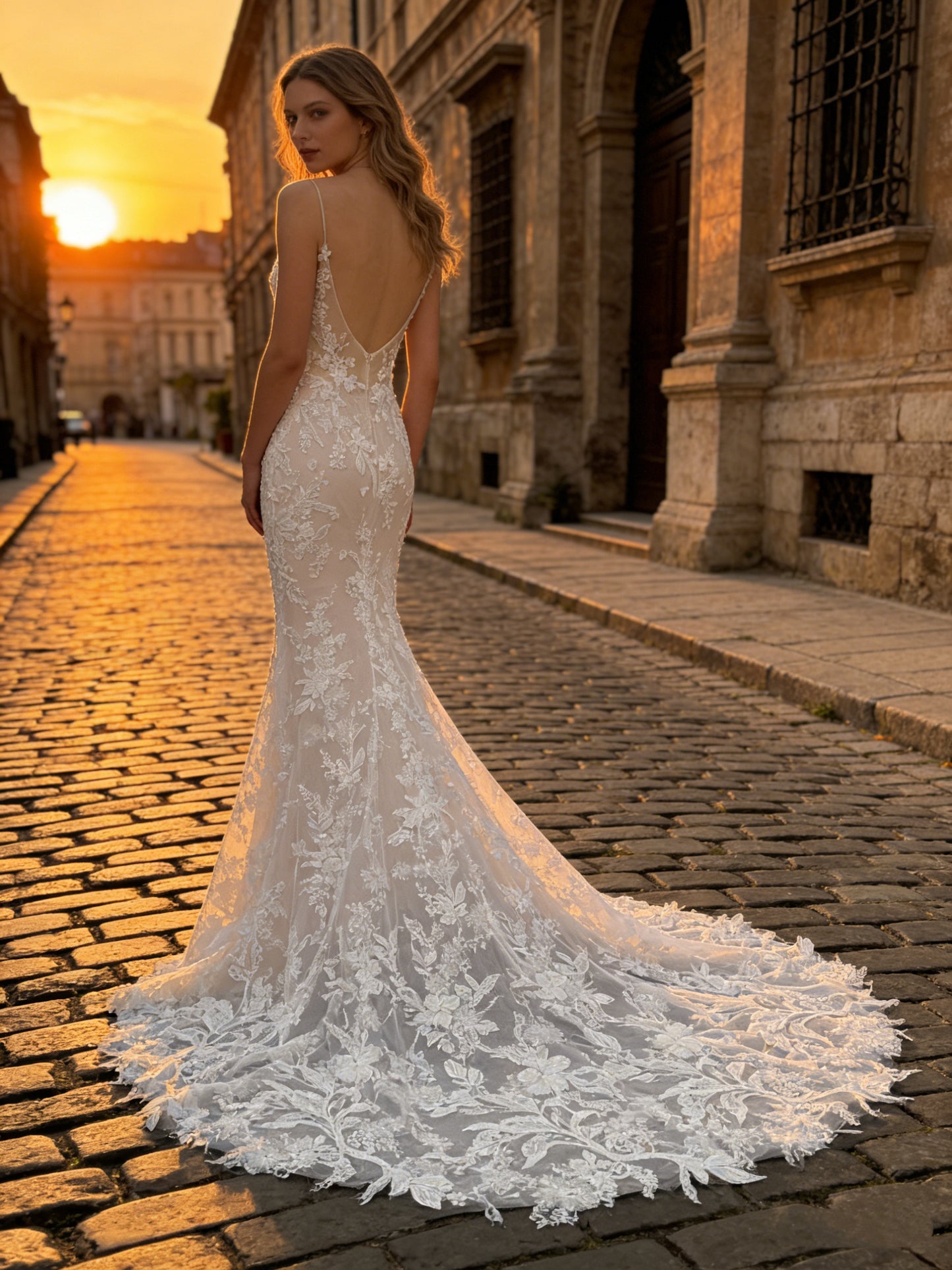 W014 Elegant Spaghetti Strap Mermaid Wedding Dress with Deep V Neck & Lace Appliqué Train