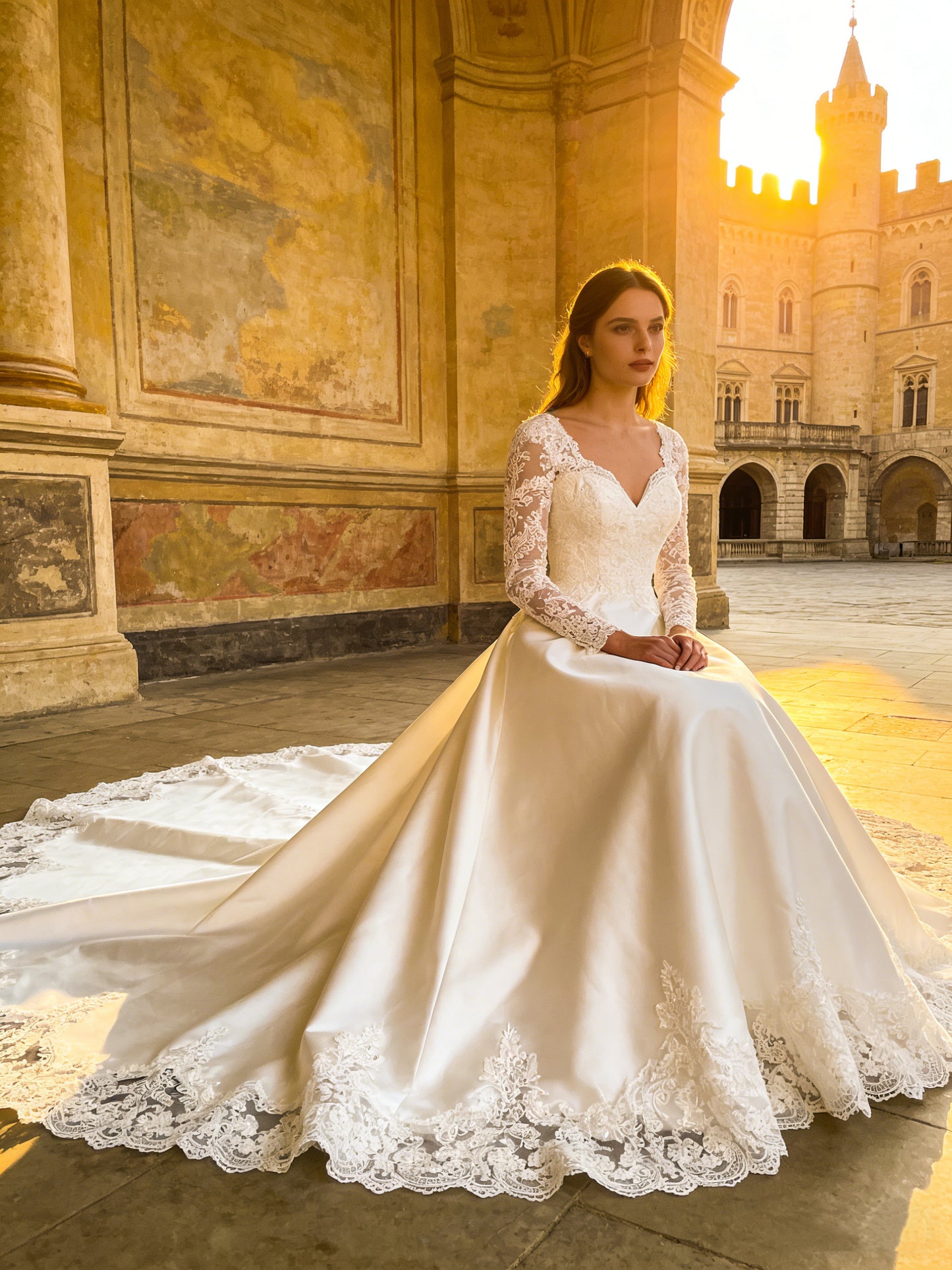 YG001 Timeless Satin Ball Gown Wedding Dress with Sweetheart Neck & Cathedral Train