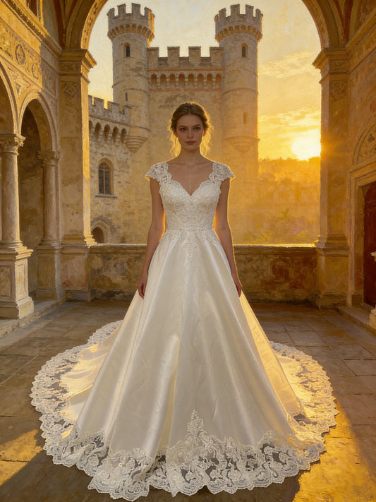 YG001 Timeless Satin Ball Gown Wedding Dress with Sweetheart Neck & Cathedral Train
