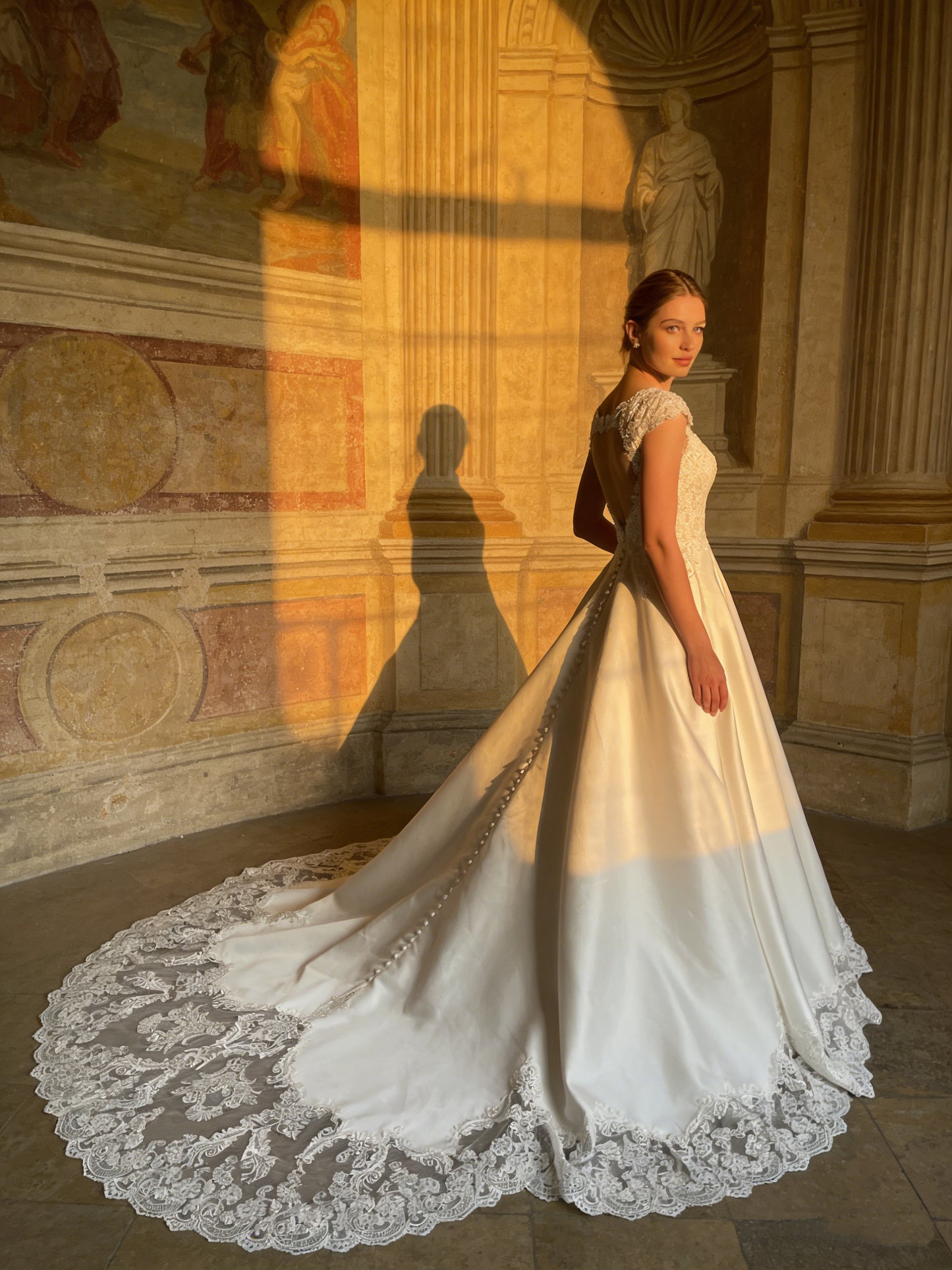 YG001 Timeless Satin Ball Gown Wedding Dress with Sweetheart Neck & Cathedral Train