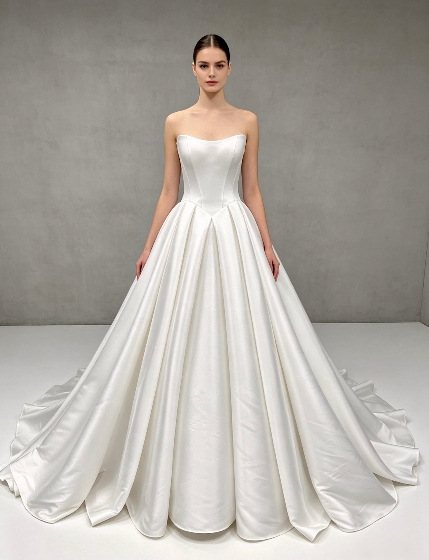 W380  Timeless Satin Ball Gown Wedding Dress with Sweetheart Neck & Cathedral Train