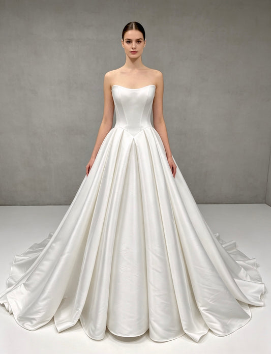 W380  Timeless Satin Ball Gown Wedding Dress with Sweetheart Neck & Cathedral Train
