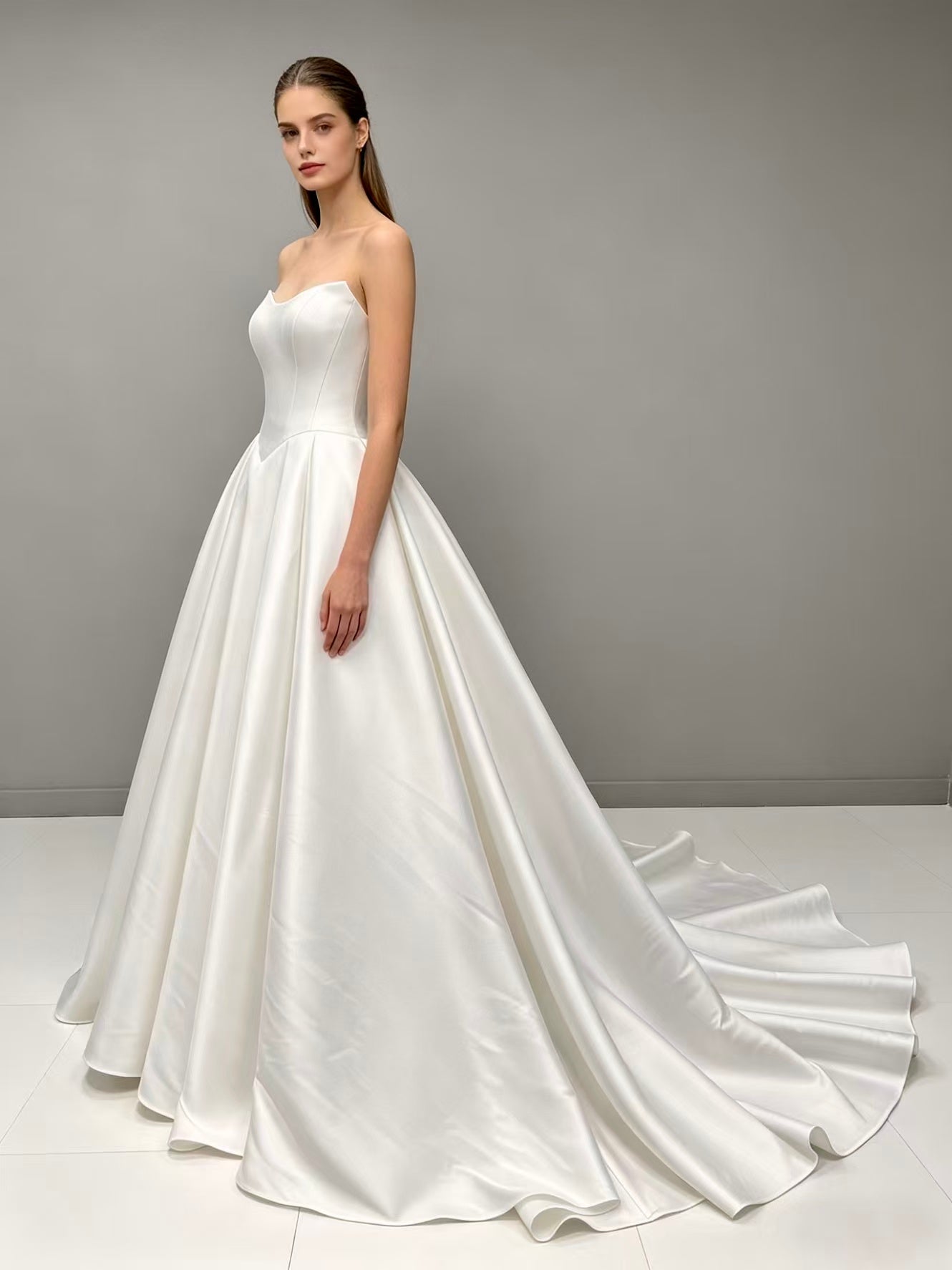 W380  Timeless Satin Ball Gown Wedding Dress with Sweetheart Neck & Cathedral Train