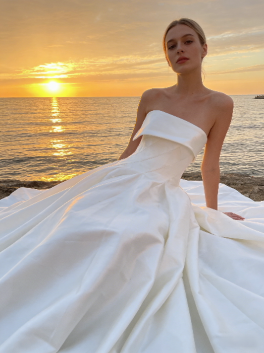 Strapless Asymmetric Neck Satin A-Line Wedding Dress | 1440 Bridal Gown