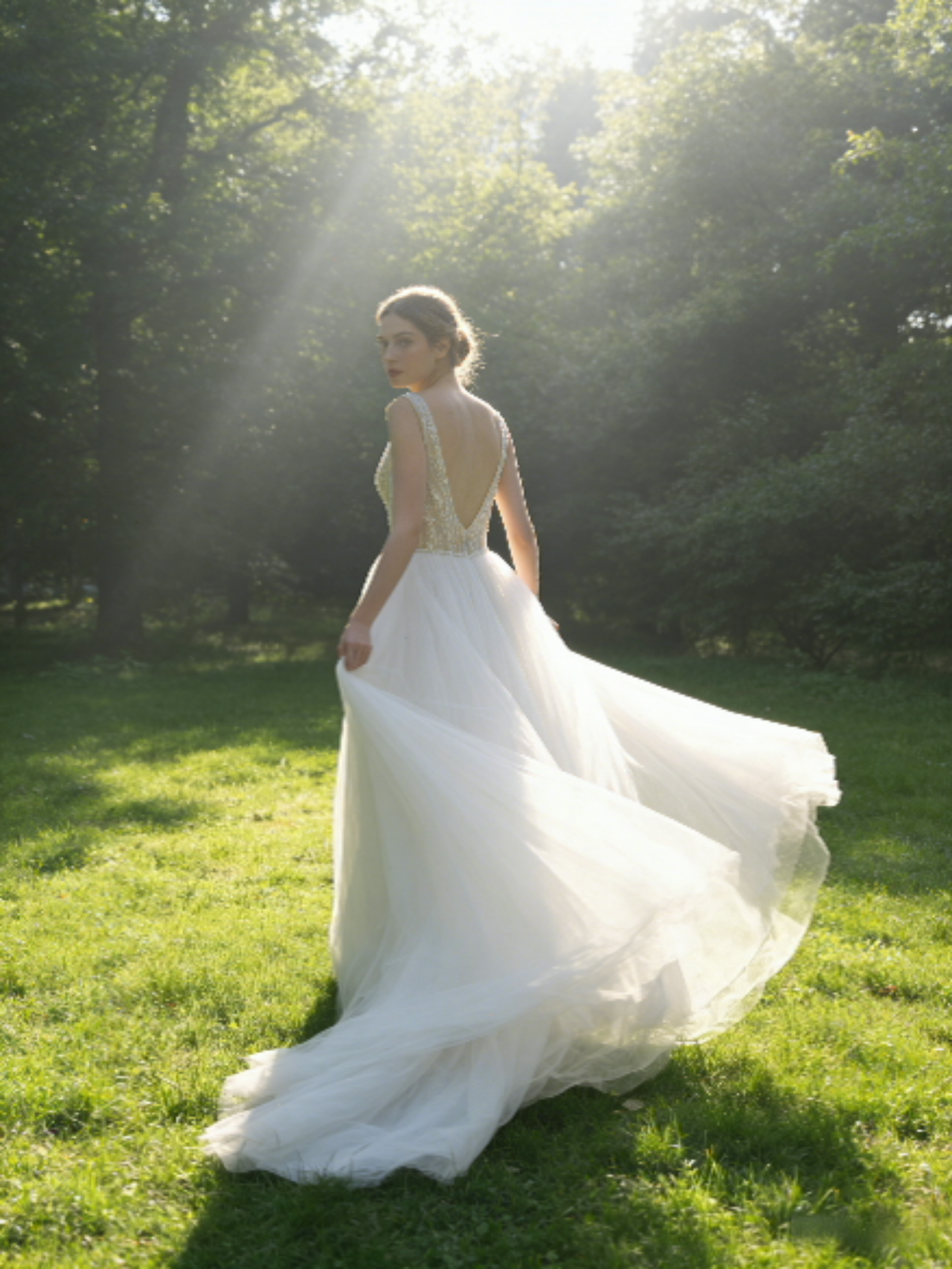 JF007 Elegant Deep V-neck Tulle Ball Gown Wedding Dress with Beaded Bodice