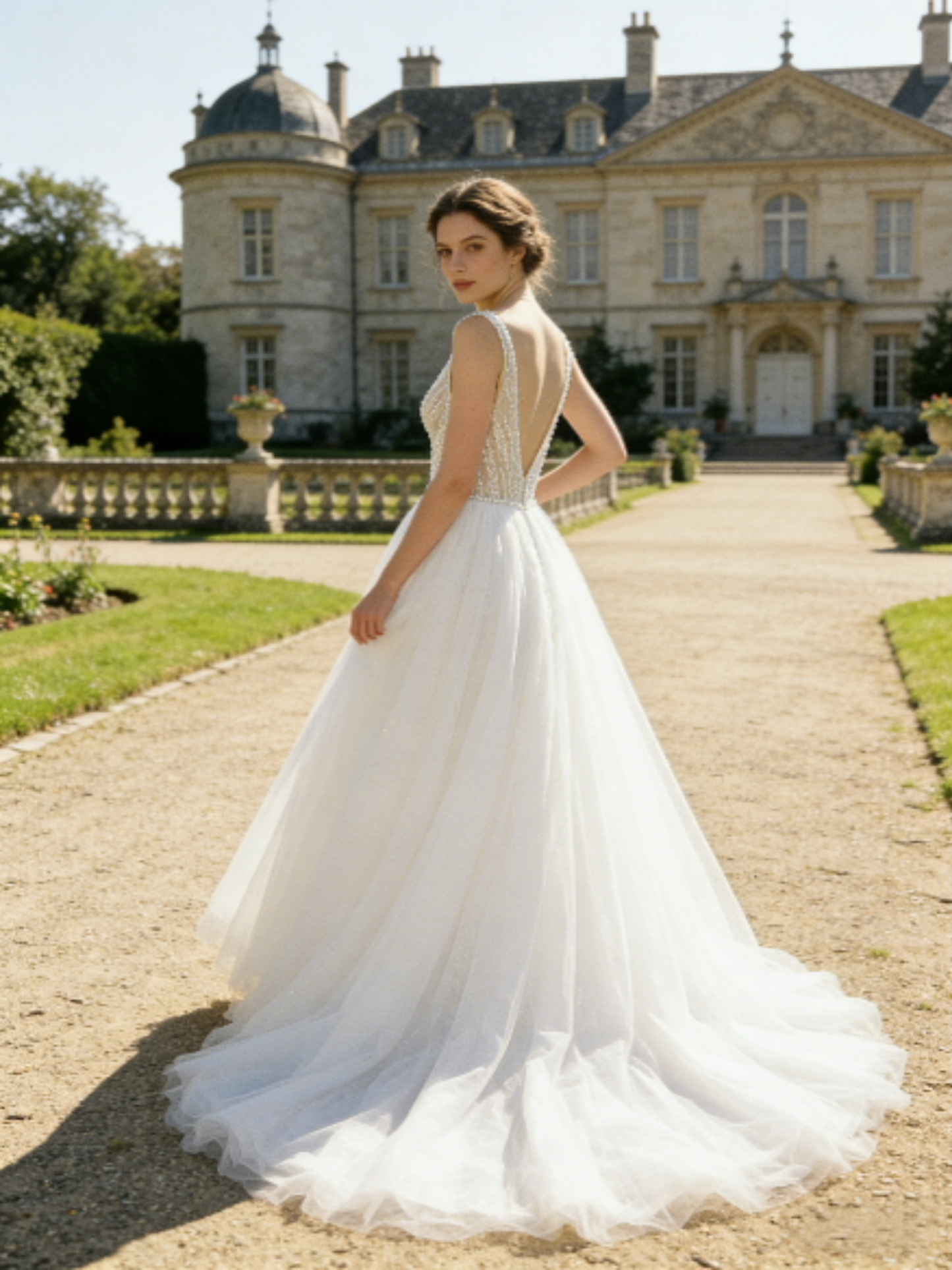 JF007 Elegant Deep V-neck Tulle Ball Gown Wedding Dress with Beaded Bodice