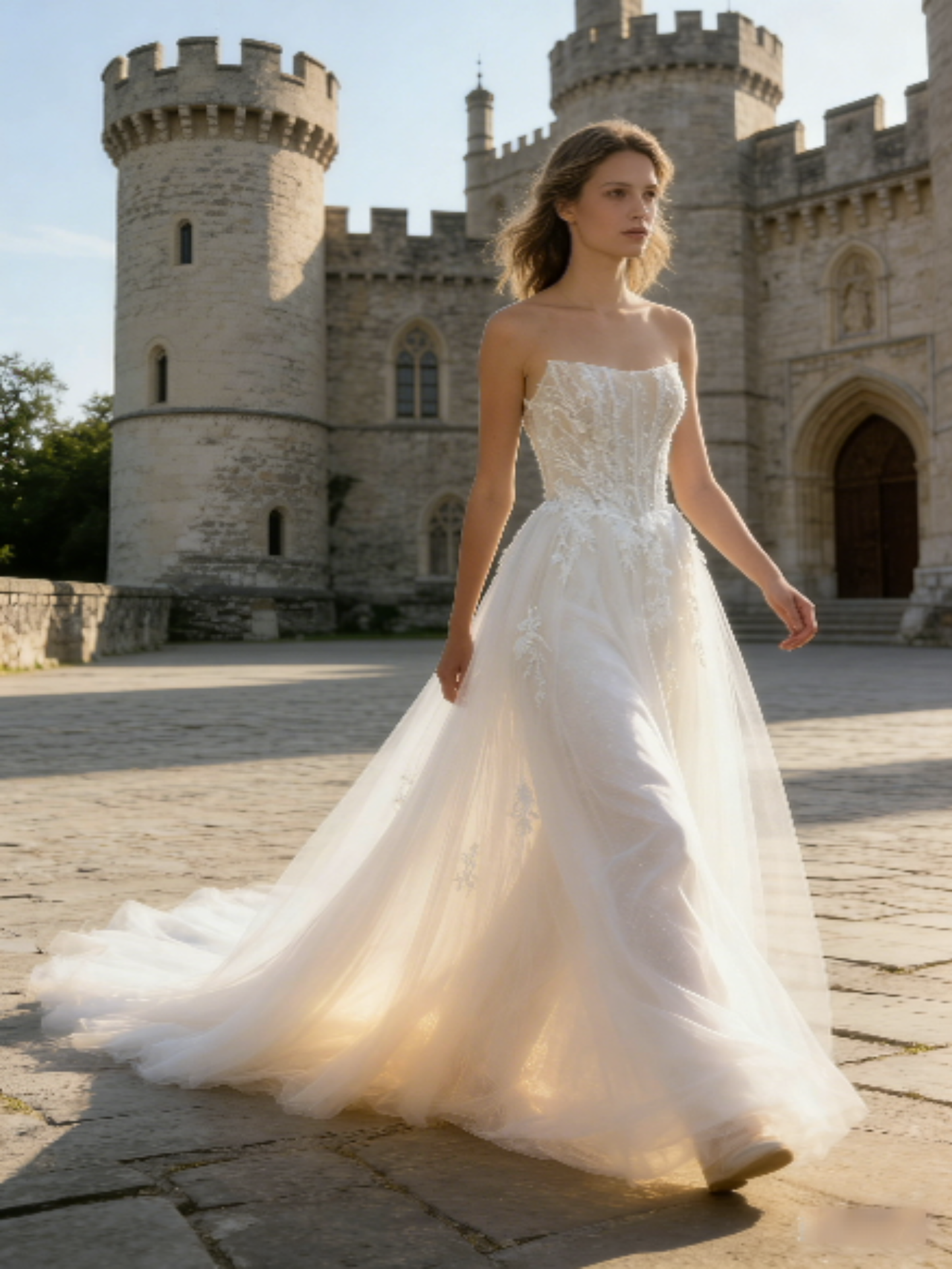 JF009 Elegant Strapless Lace A-Line Wedding Dress with Corset Back & Cathedral Train