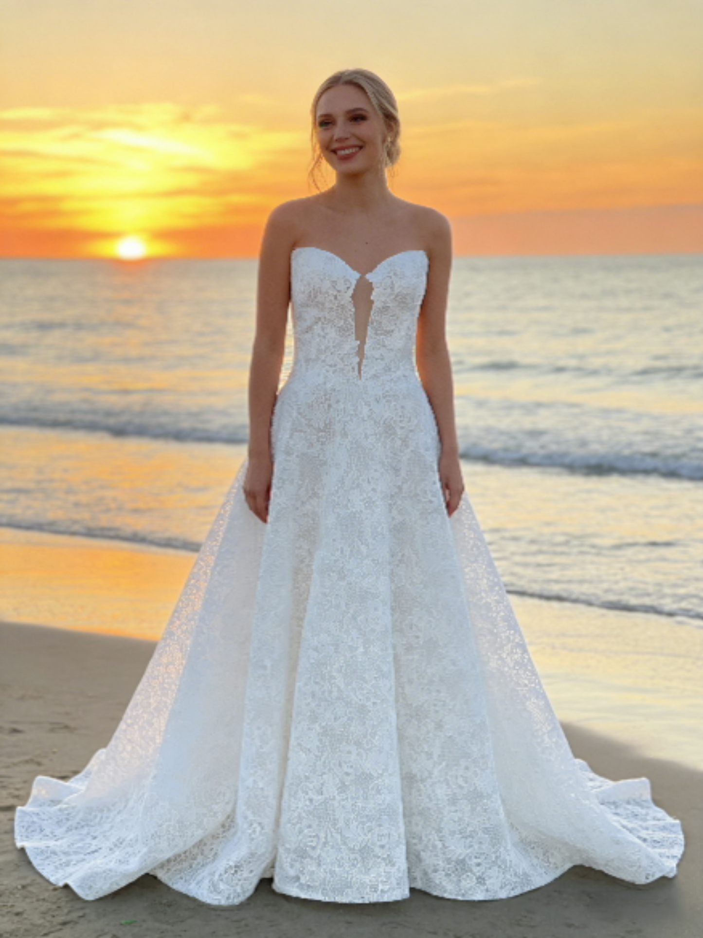 JF045 Strapless Lace A-Line Wedding Dress with Plunge Neck & Corset Back