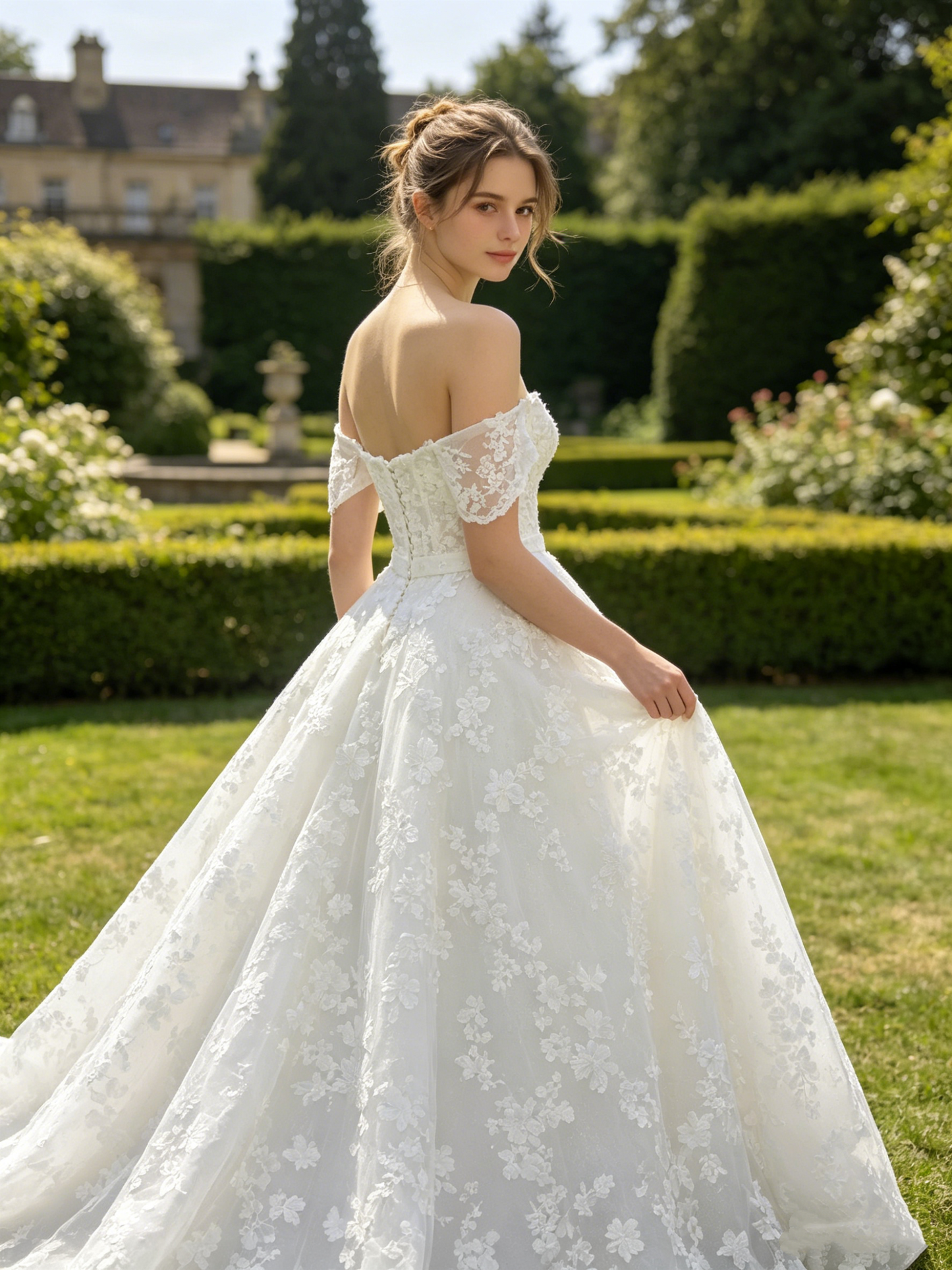 CS329 Off-the-Shoulder Floral Lace A-Line Wedding Dress with Removable Straps & Waist Sash