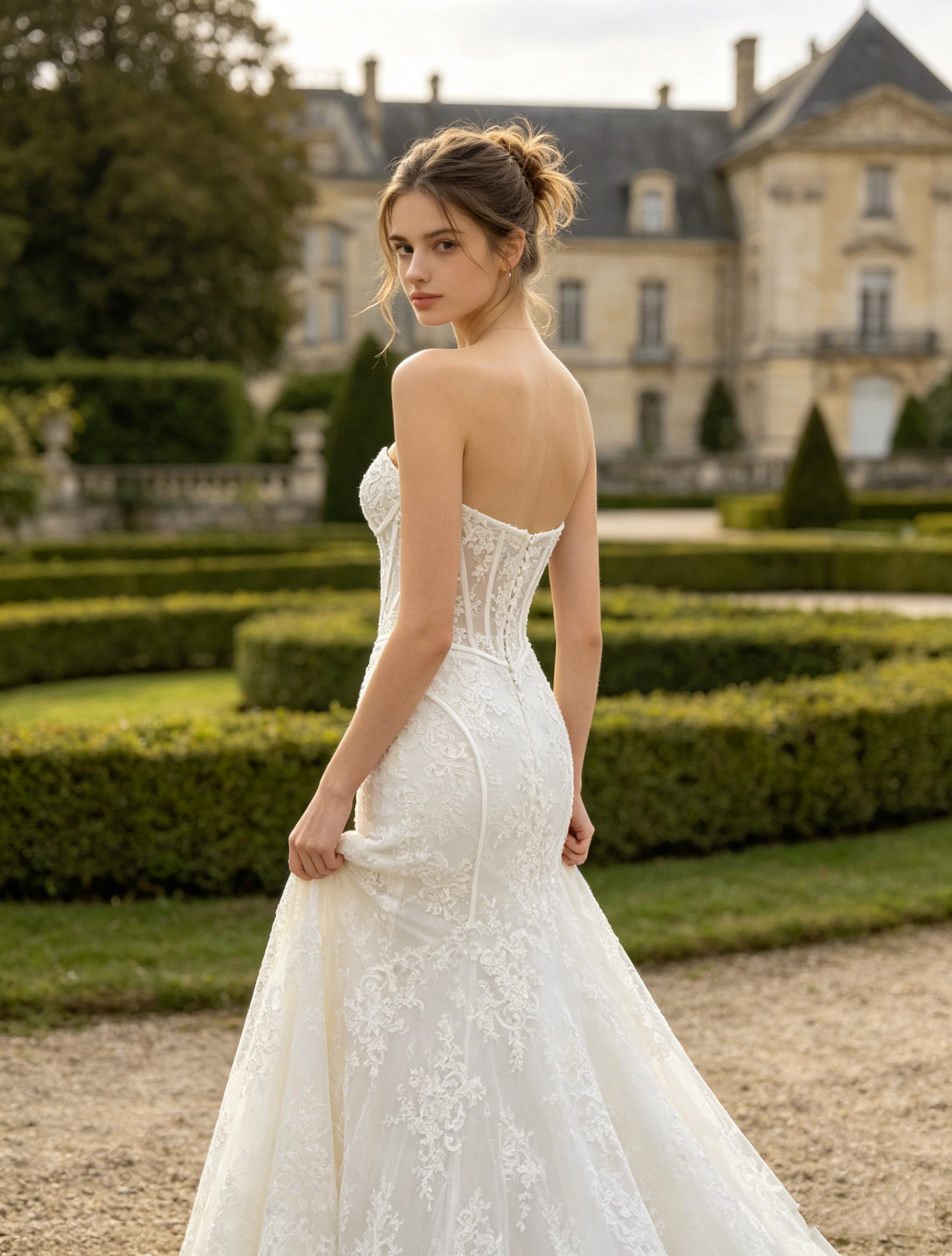 CS381 Strapless Lace Mermaid Wedding Dress with Sheer Corset Bodice