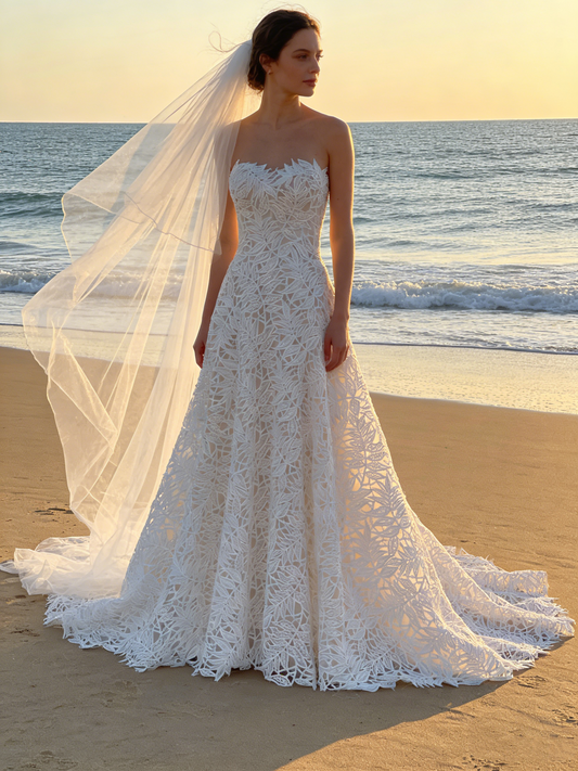 CS186  Tropical Leaf Lace A-Line Wedding Dress with Strapless Sweetheart Neck & Chapel Train