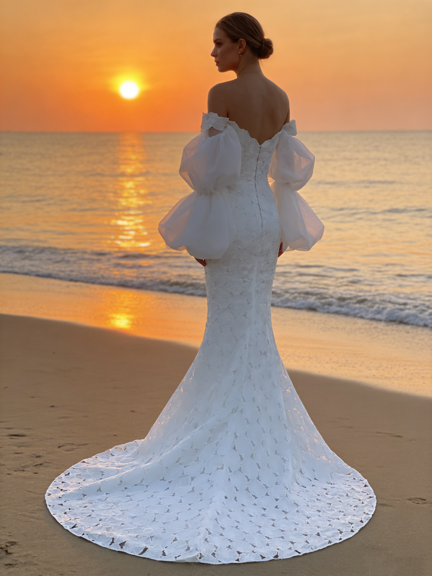 CS238  Elegant Off-the-Shoulder Mermaid Wedding Dress with 3D Floral Lace & Puff Sleeves