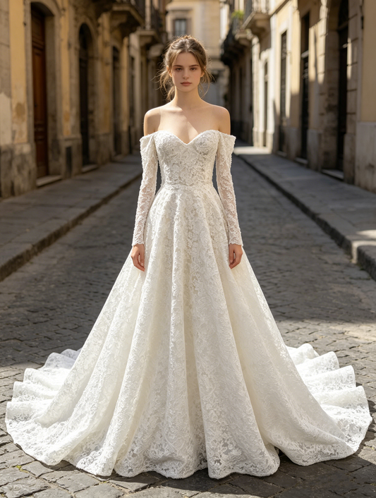 CS389 Elegant Off-the-Shoulder Lace A-Line Wedding Dress with Corset Bodice