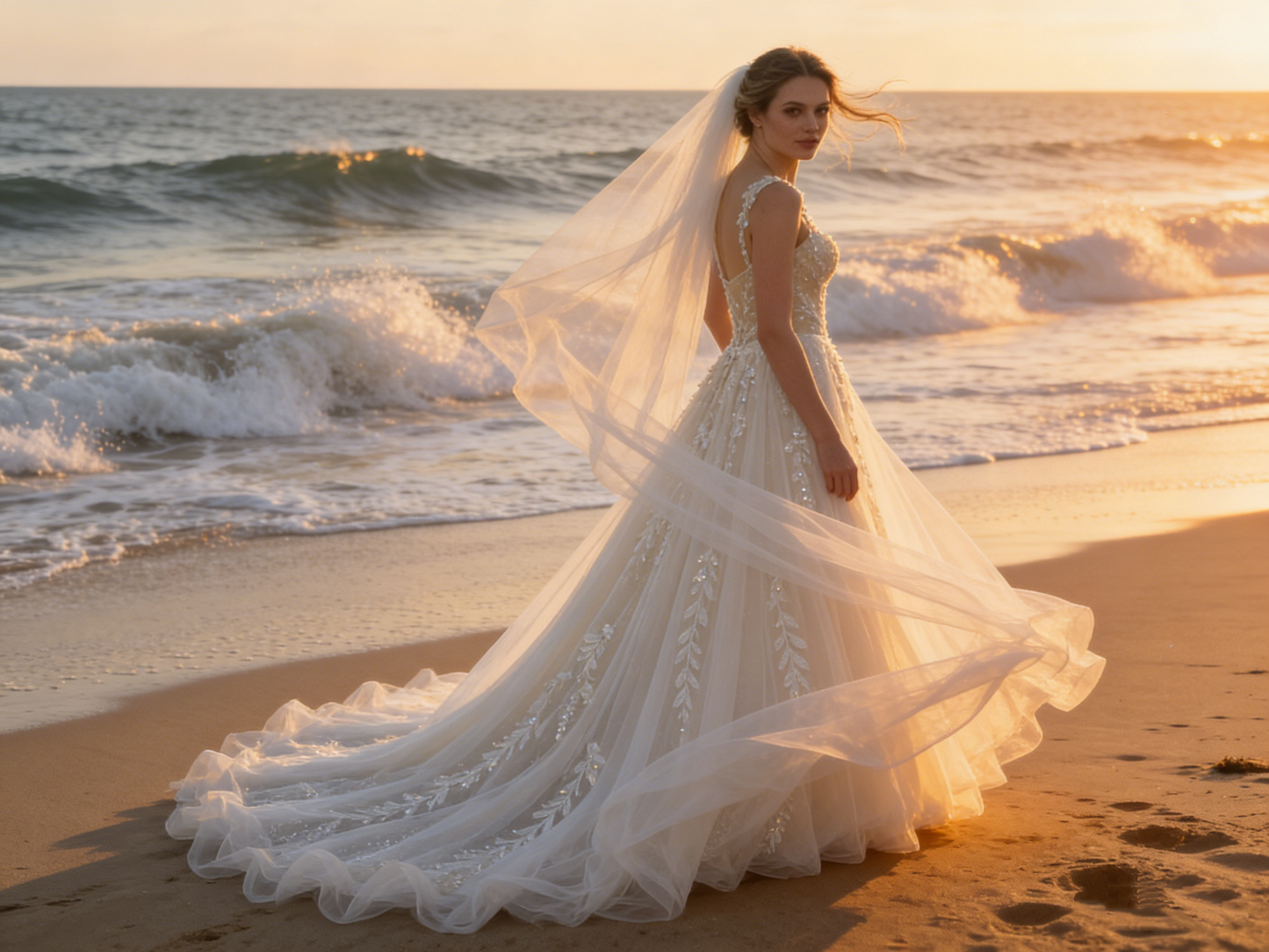 CS00007 Elegant Floral Embroidered A-Line Wedding Dress with Square Neck & Detachable Train