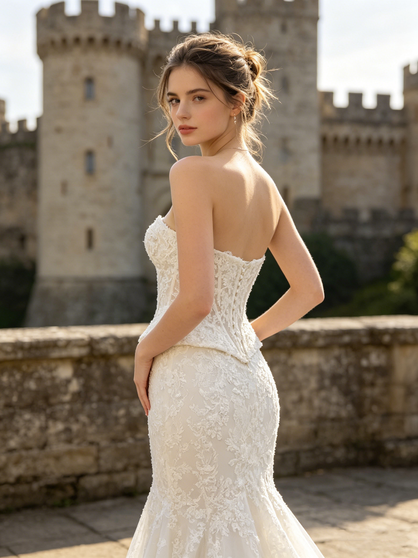 CS326 Strapless Lace Mermaid Wedding Dress with Corset Peplum & Lace-Up Back
