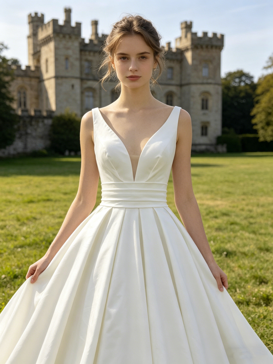 CS386 Elegant Deep V-Neck Satin A-Line Wedding Dress with Waist Sash