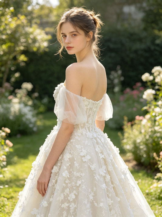 CN305 Off-the-Shoulder 3D Floral Lace Ball Gown Wedding Dress with Corset Bodice