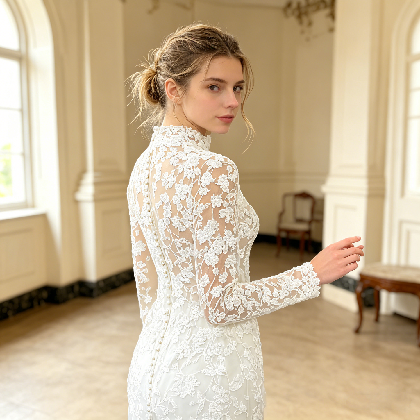 CS305 High-Neck Long-Sleeve Lace Mermaid Wedding Dress with Buttons & Chapel Train