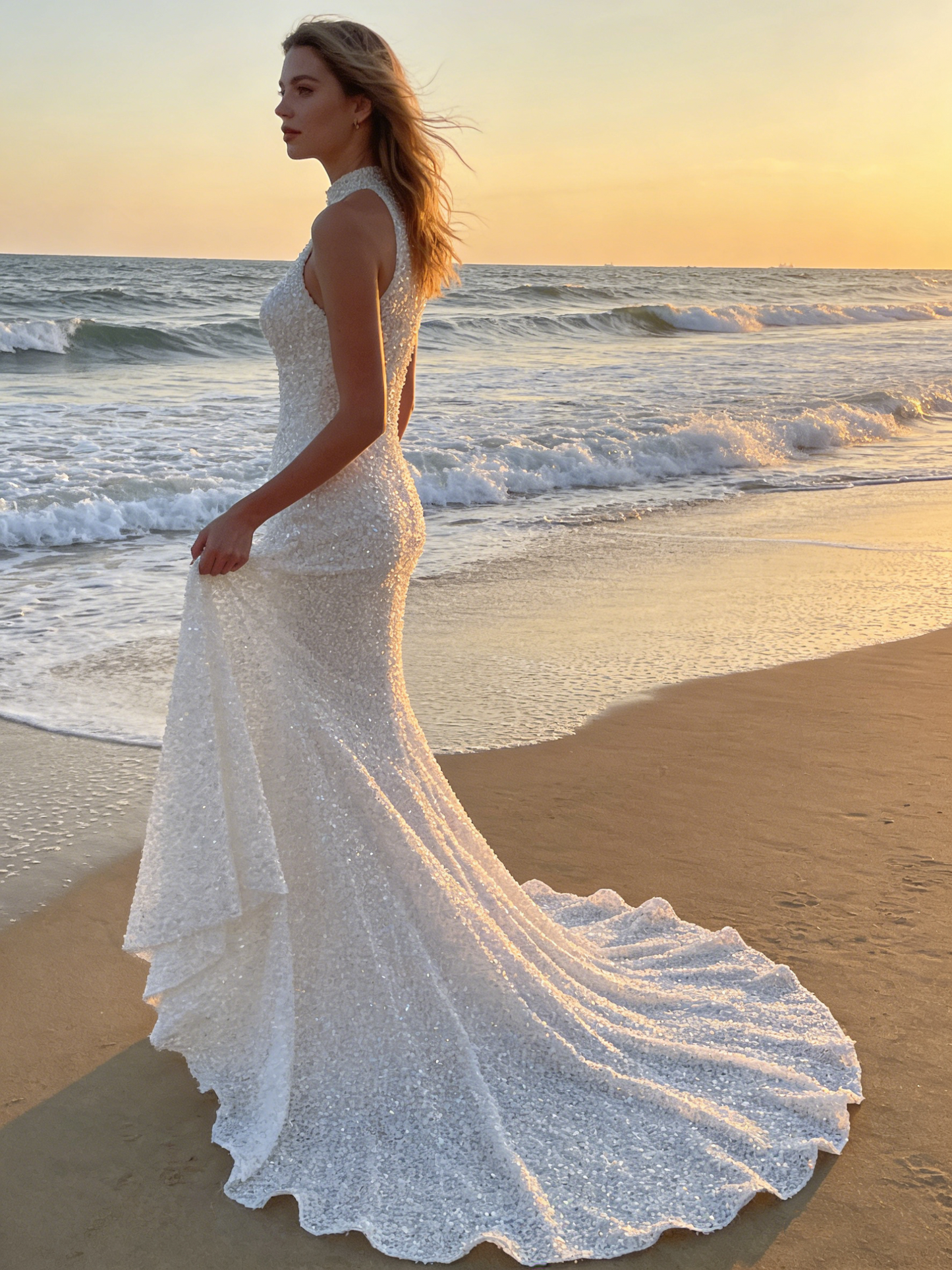 CS149 Luxury Beaded Halter Mermaid Wedding Dress with Scalloped Train