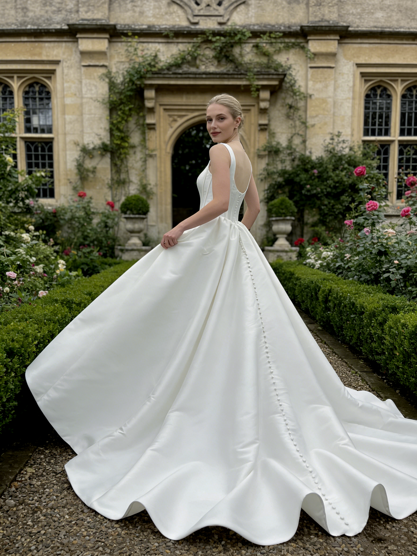 JF042 Elegant Satin Ball Gown Wedding Dress with Square Neck & Corset Bodice