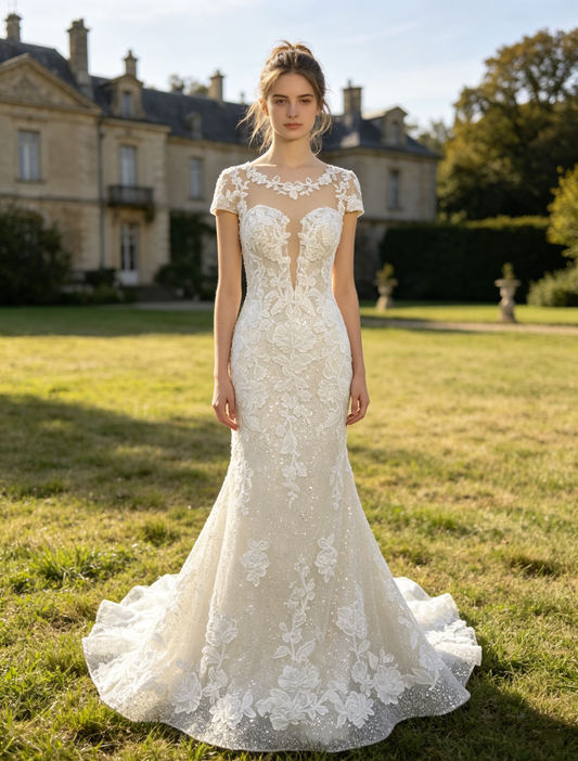 CS387 Beaded Lace Mermaid Wedding Dress with Illusion Neckline & Short Sleeves