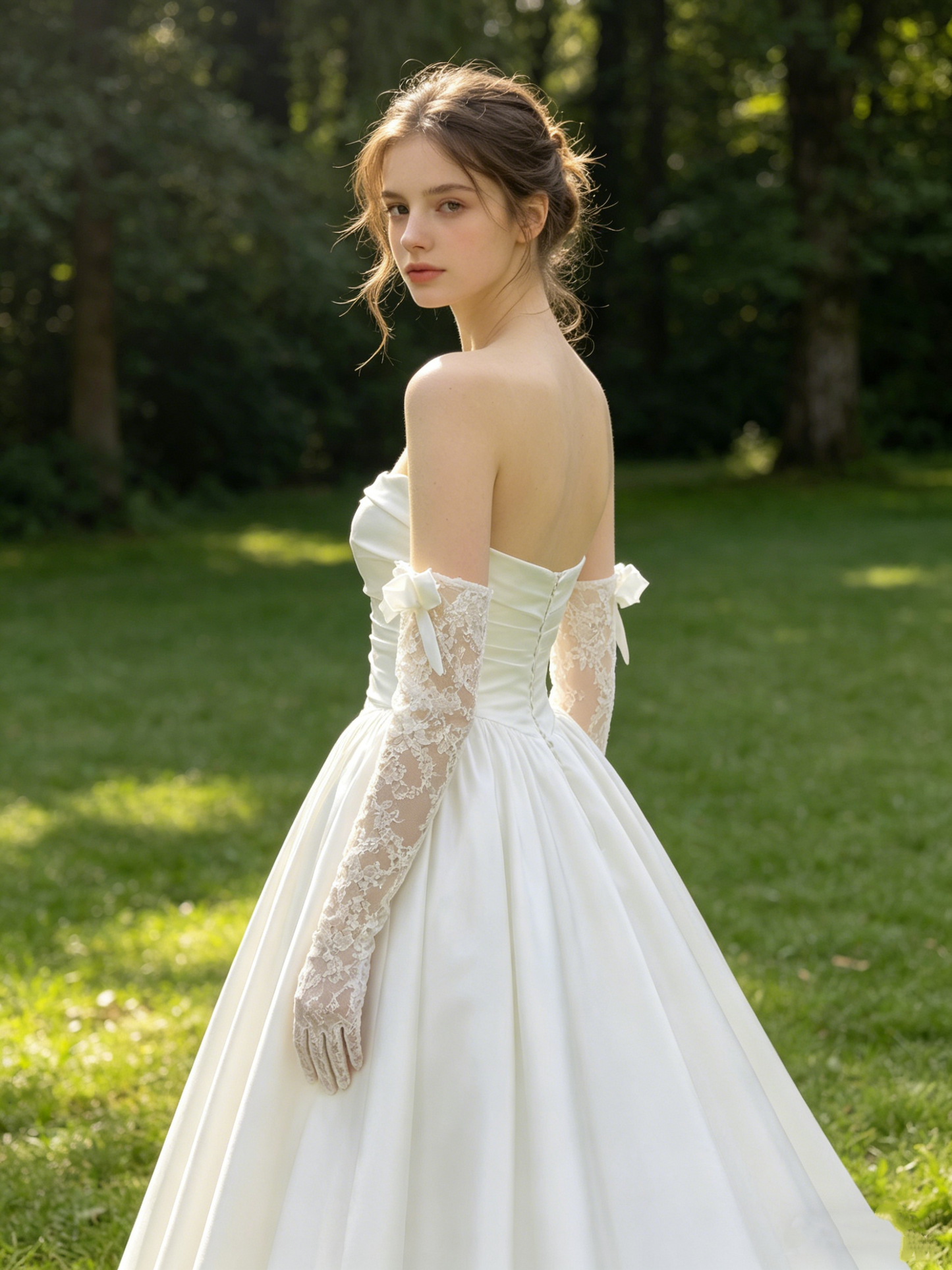 CS354 Strapless Satin A-Line Wedding Dress with Detachable Lace Bow Gloves