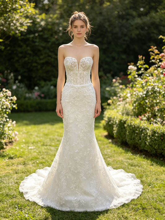CS388 Strapless Beaded Lace Mermaid Wedding Dress with Plunge Sweetheart Neckline
