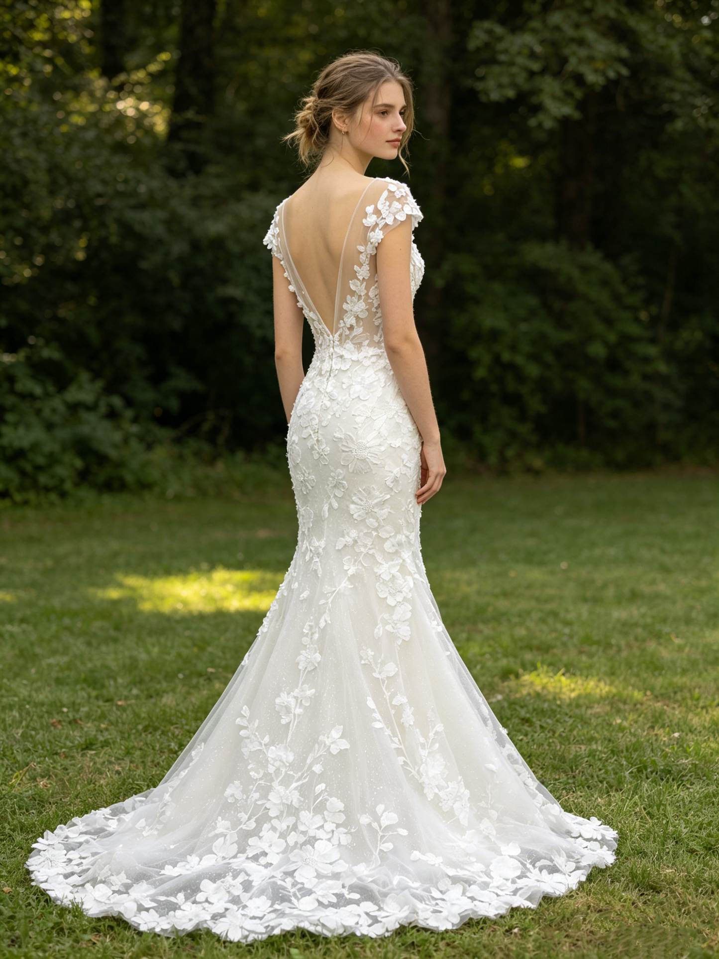 CS278 Romantic 3D Floral Lace Mermaid Wedding Dress with Illusion Neckline & Cap Sleeves