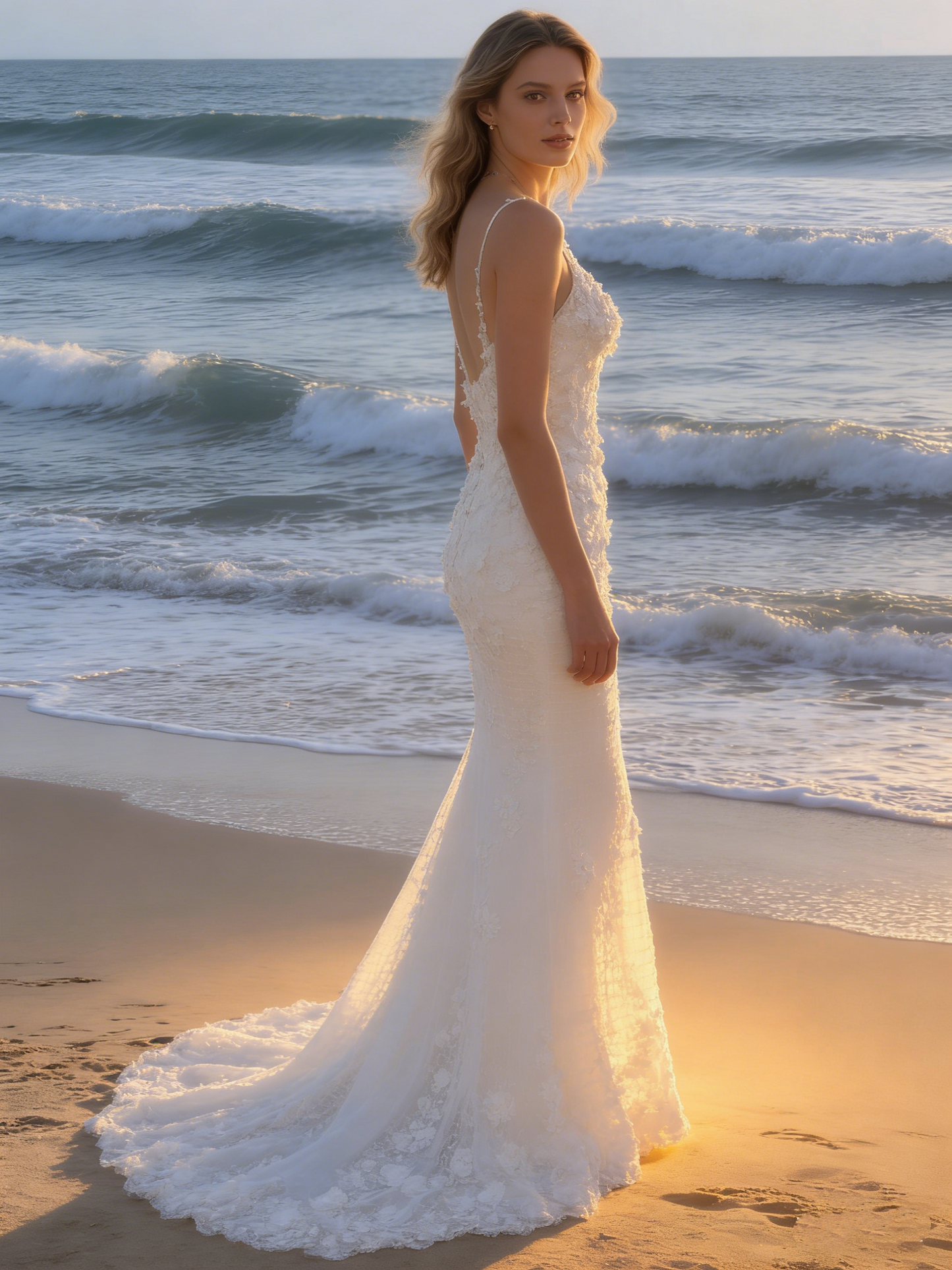 CS185 Luxury 3D Floral Lace Mermaid Wedding Dress with Spaghetti Straps & Beading Detailing