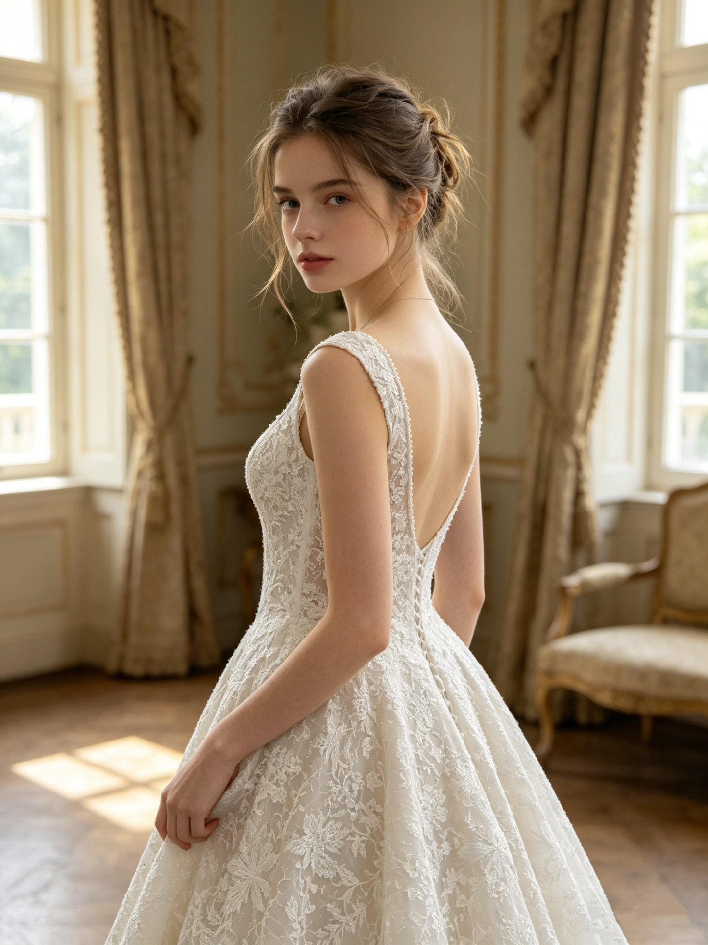 CS428 Scoop Neck Lace A-Line Wedding Dress with Corset Bodice