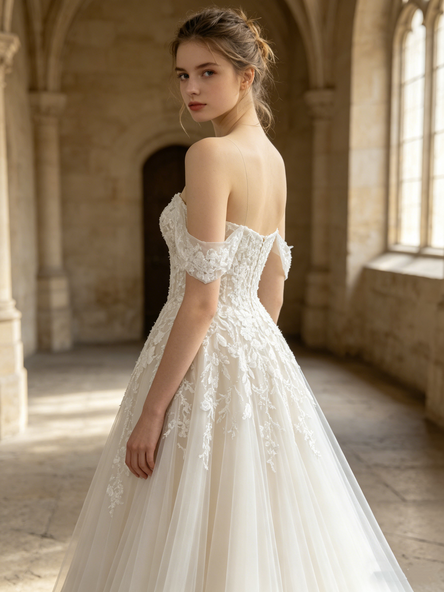 CS309 Romantic Off-the-Shoulder A-Line Wedding Dress with Floral Lace