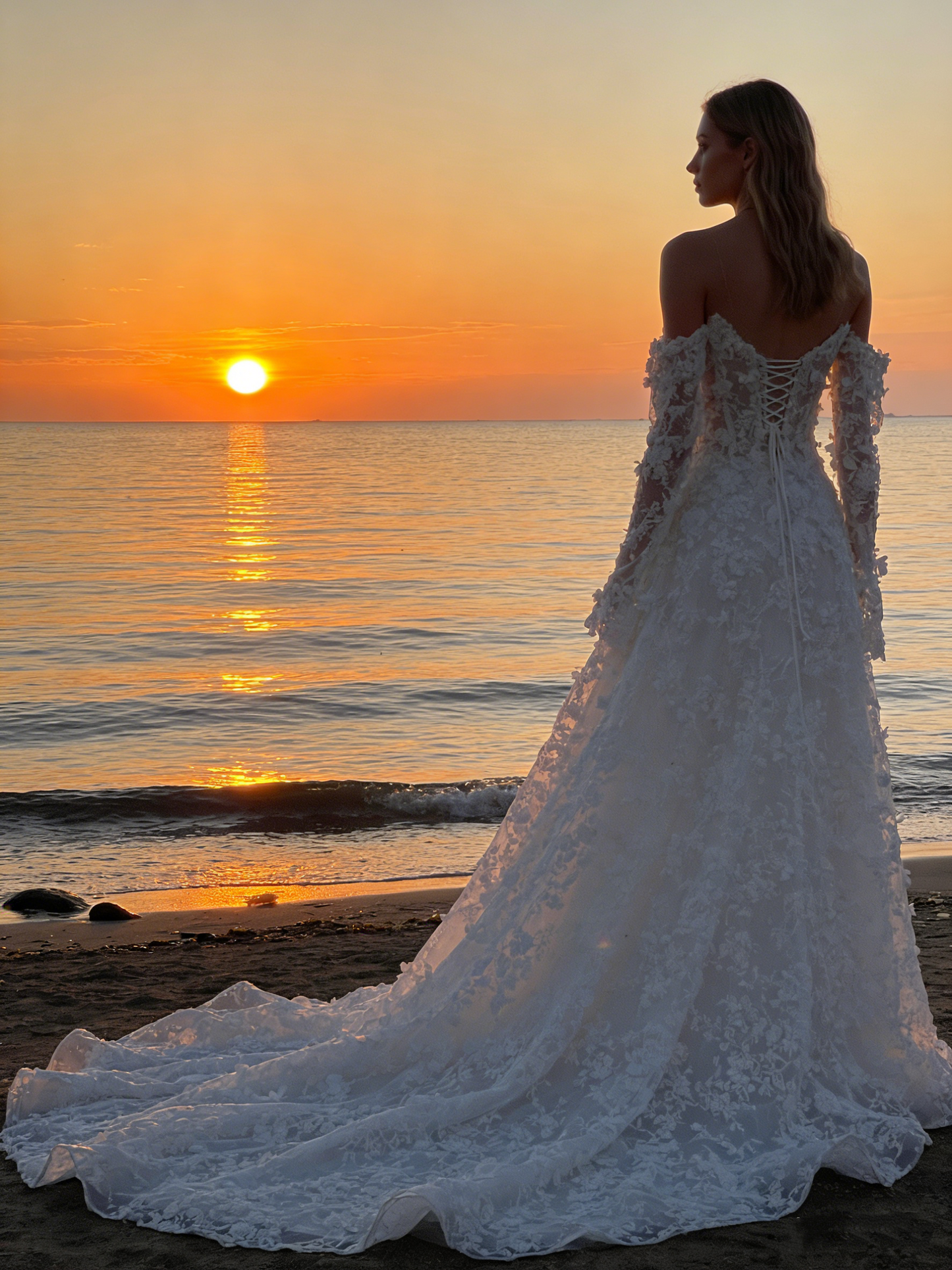 CS251 Elegant Off-the-Shoulder A-Line Wedding Dress with 3D Floral Lace & Detachable Sleeves