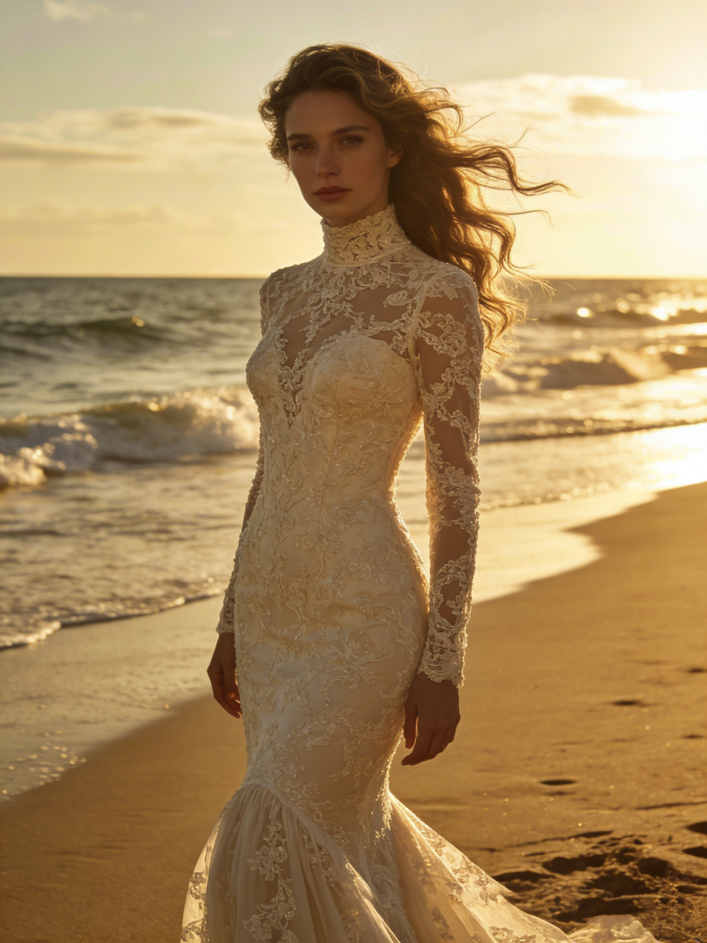 CS191 Luxury High Neck Long Sleeve Lace Mermaid Wedding Dress with Illusion Open Back & Button Detailing